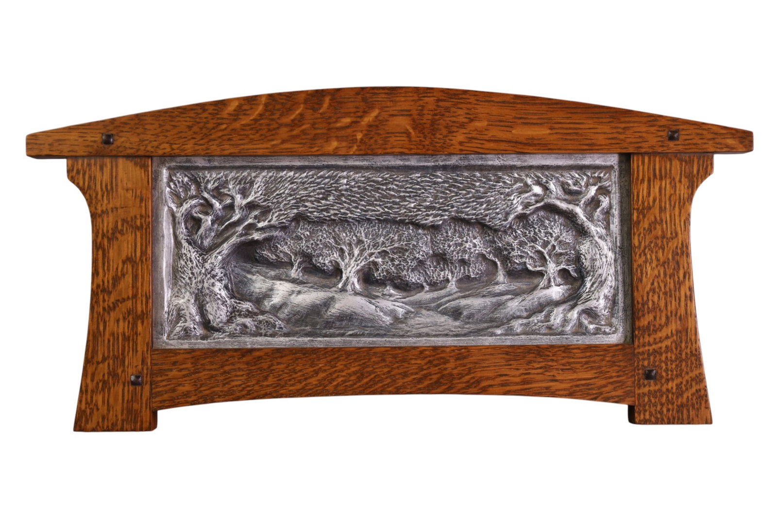 ARTS & CRAFTS WALL PLAQUE: ALUMINUM SCENIC WALL PLAQUE, IN ARTS & CRAFTS FRAME, SIGNED. PIWE. 17 1/2" W x 8" H.