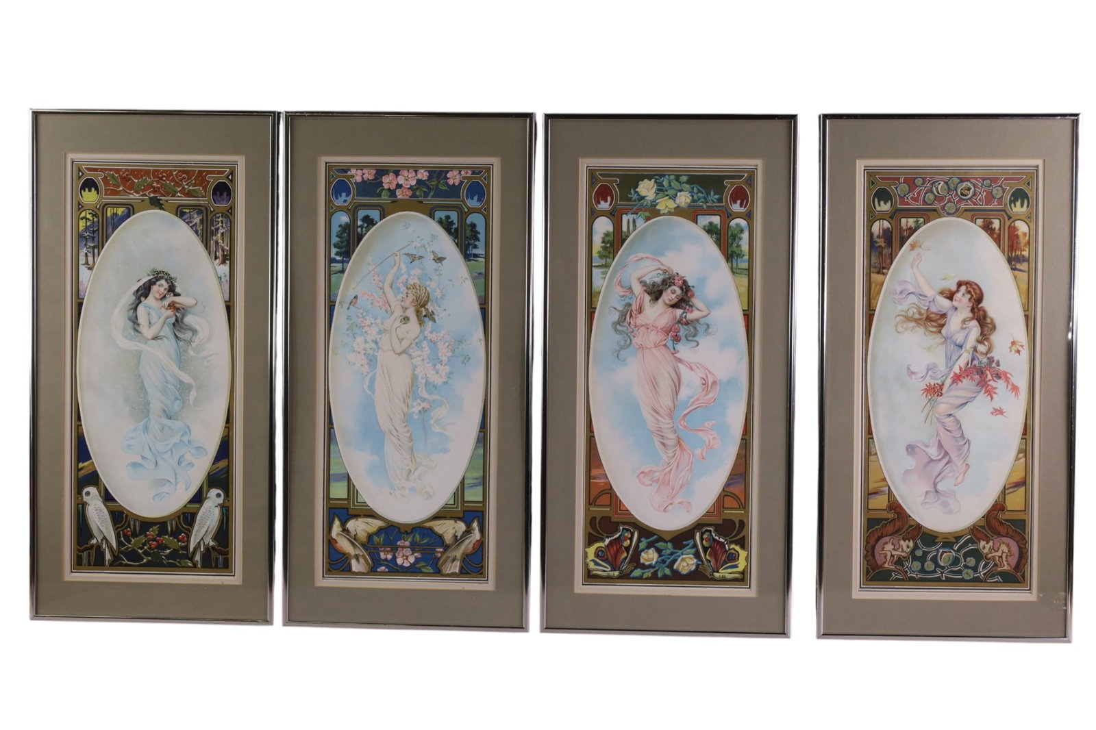 SET OF 4 ANHEUSER BUSCH PRINTS: SET OF 4 J OTTMANN, LITHOGRAPH CO. NY 1905 FOR ANHEUSER BUSCH. 11" x 23" IN FRAME