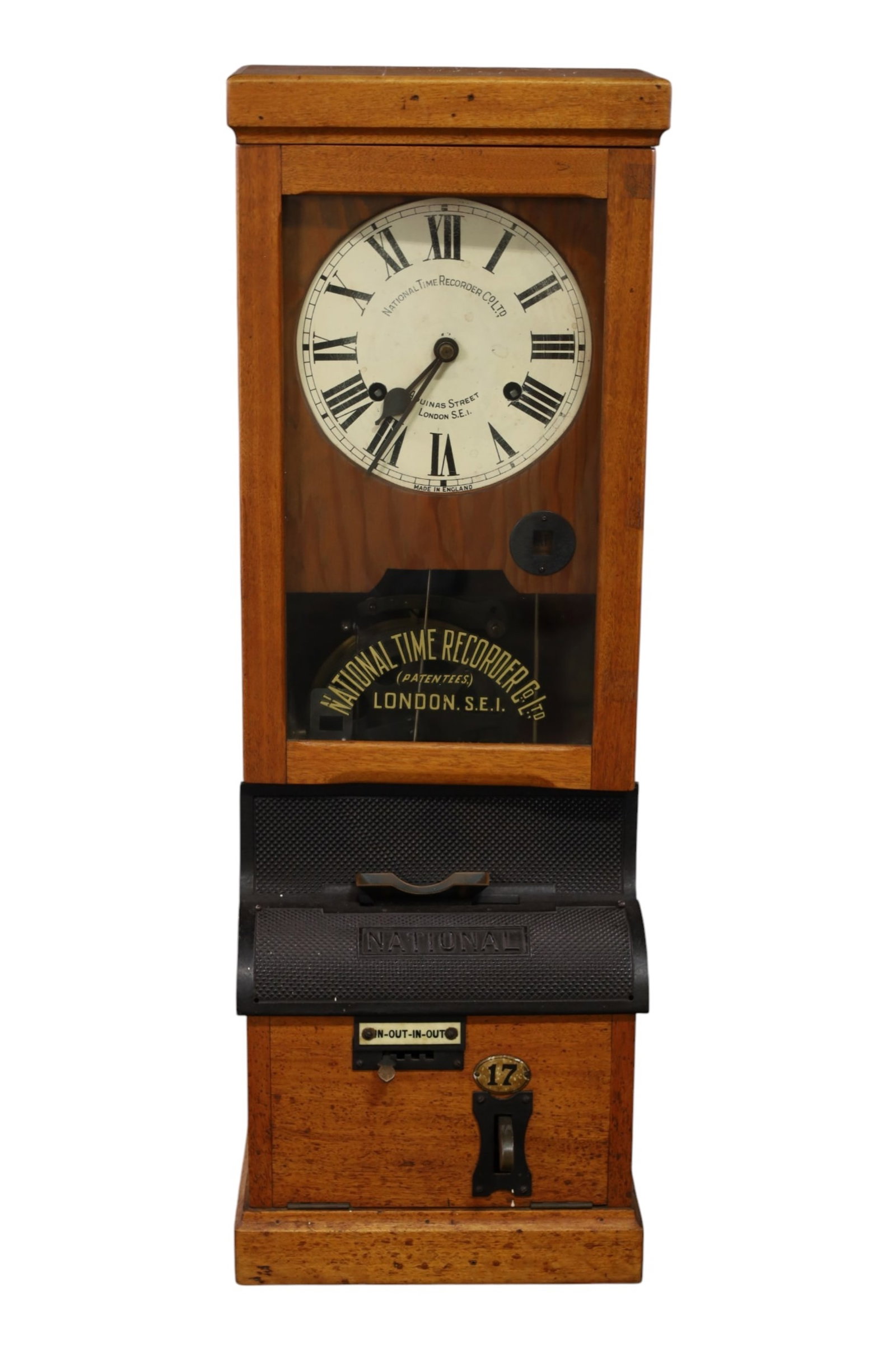ANTIQUE TIME CLOCK: LARGE TIME CLOCK, NATIONAL TIME RECORDER, 13" W x 39" H. THIS ITEM EXCEEDS SIZE LIMITATIONS FOR IN HOUSE SHIPPING, MUST BE SHIPPED VIA 3rd PARTY GROUND SHIPPER OR PICKED UP IN HOUSE.