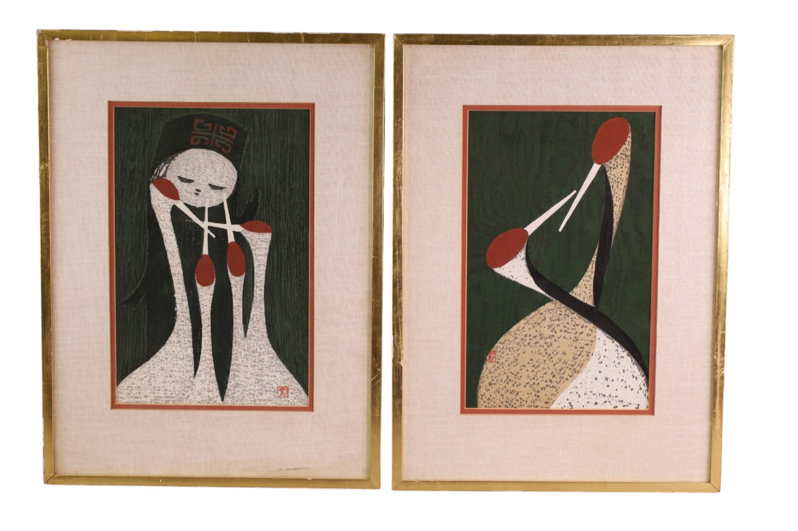 2 KAORU KAWANO JAPANESE WOODBLOCKS: 2 FRAMED WOODBLOCKS, GIRL AND 4 CRANES & SACRED CRANE. 9" x 15" IMAGE SIZE / 16" x 22" IN FRAME