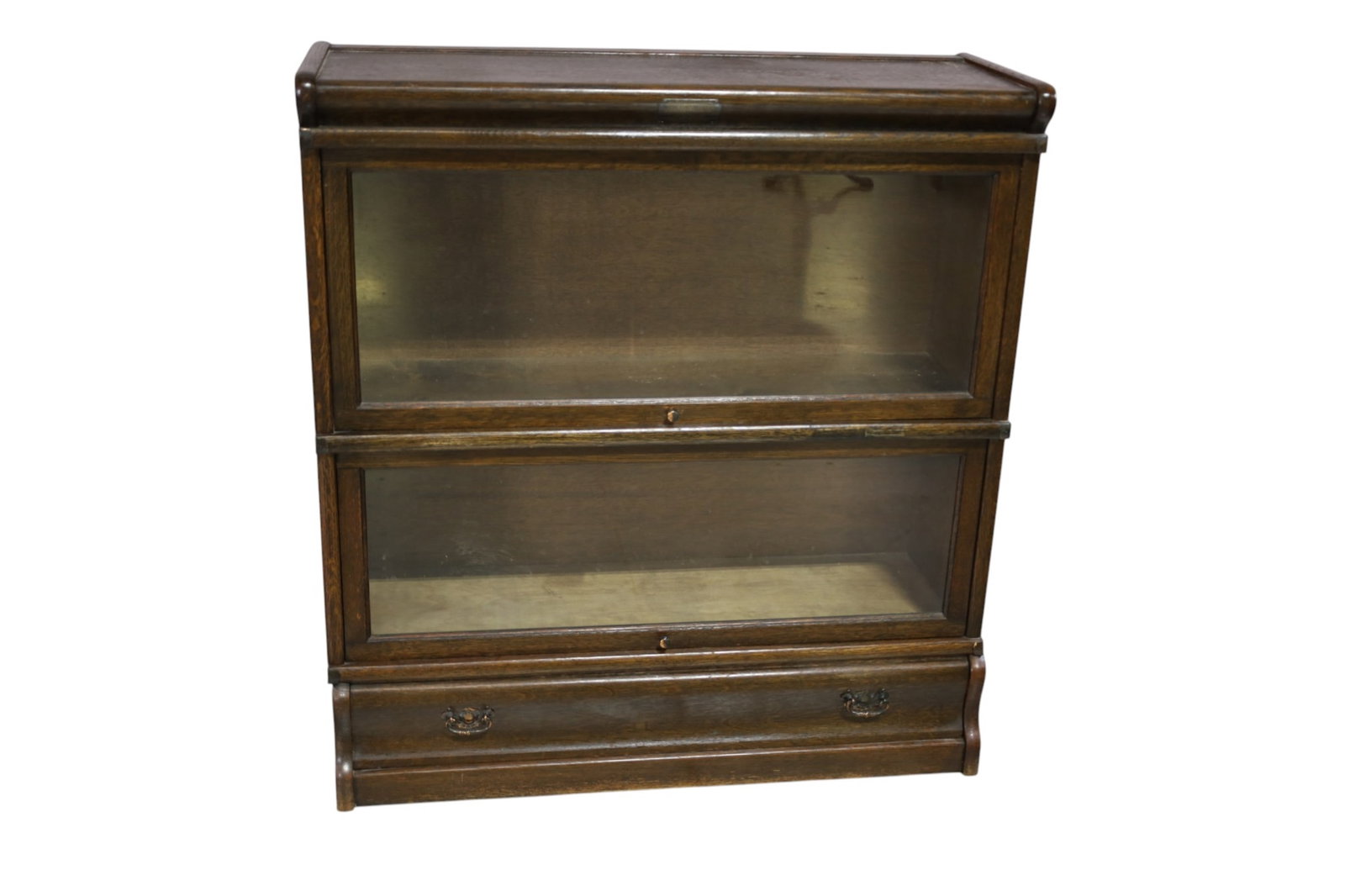 ANTIQUE OAK LAWYER'S BOOKCASE: TWO STACK OAK LAWYER'S BOOKCASE WITH LOWER DRAWER, METAL STRAPPED SIDES, 34" W x 12" D x 37" H. THIS ITEM EXCEEDS SIZE LIMITATIONS FOR IN HOUSE SHIPPING, MUST BE SHIPPED VIA 3rd PARTY GROUND SHIPPER