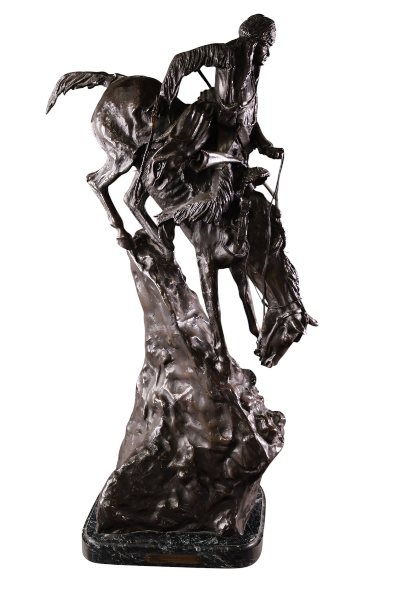 LARGE FREDERIC REMINGTON RECAST BRONZE: LARGE FREDERIC REMINGTON RECAST BRONZE SCULPTURE, COMING DOWN THE MOUNTAIN, ON GREEN MARBLE BASE, 28" H. THIS ITEM EXCEEDS SIZE LIMITATIONS FOR IN HOUSE SHIPPING, MUST BE SHIPPED VIA 3rd PARTY GROUND