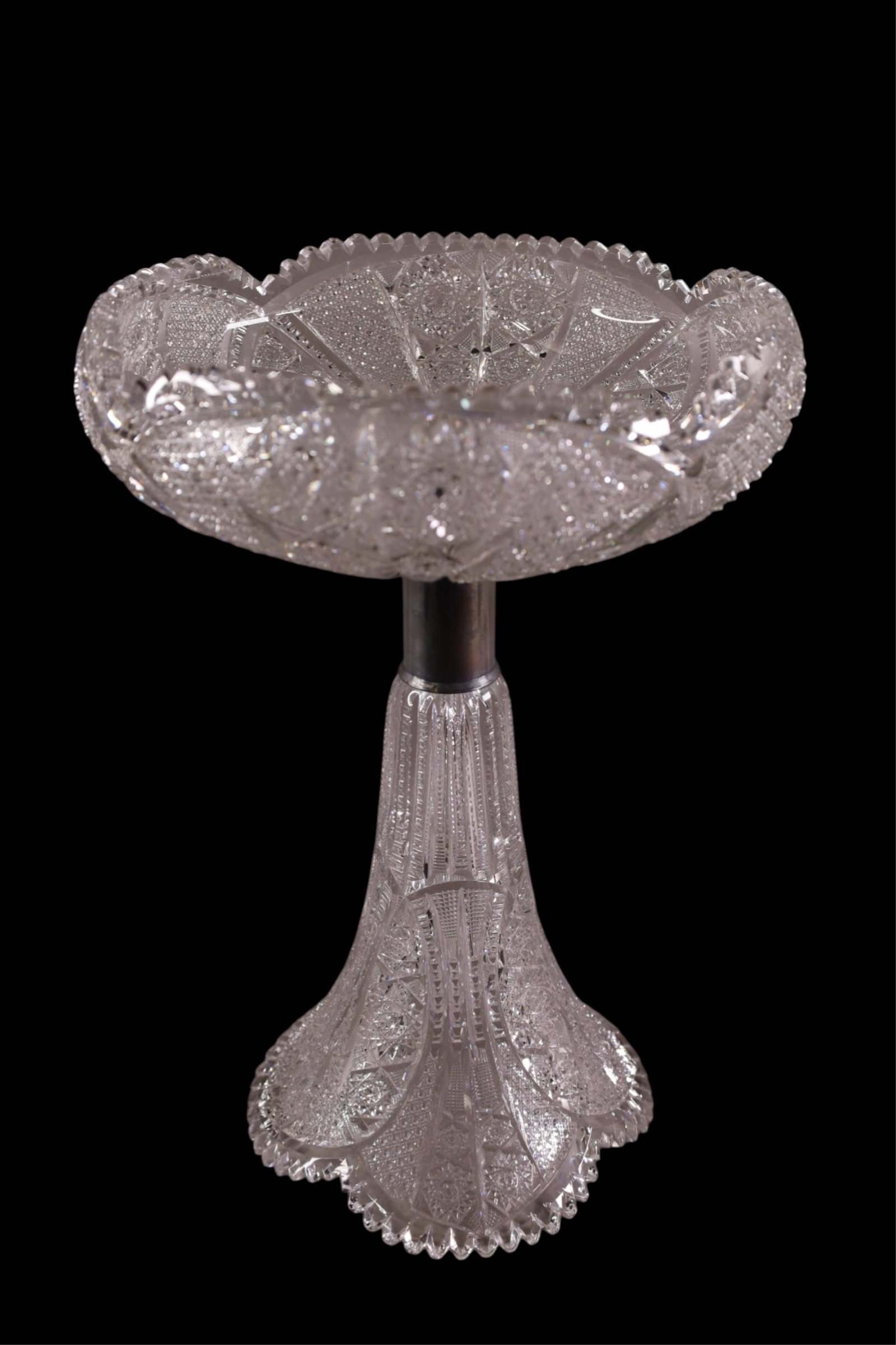 CUT GLASS PEDESTAL CENTER BOWL: LARGE VICTORIAN CUT GLASS, AMERICAN BRILLIANT CENTER BOWL WITH SILVERPLATED STEM. 15" H. 10" DIAM.