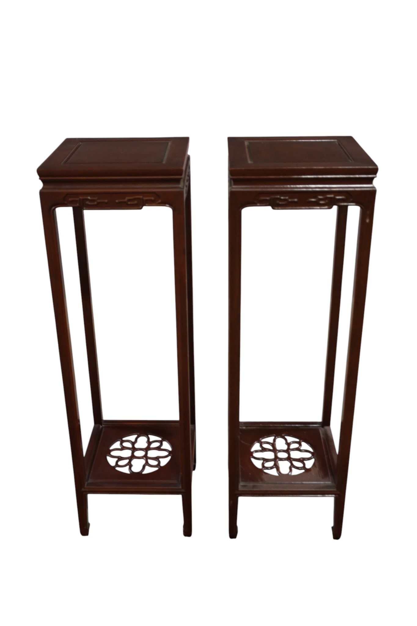 PAIR OF CHINESE FERN STANDS: PAIR OF TALL CHINESE HARDWOOD FERN STANDS, CARVED BASE. MINOR WEAR TO FINISH. 12" x 12" x 40" H. THIS ITEM EXCEEDS SIZE LIMITATIONS FOR IN HOUSE SHIPPING, MUST BE SHIPPED VIA 3rd PARTY GROUND SHIPPER
