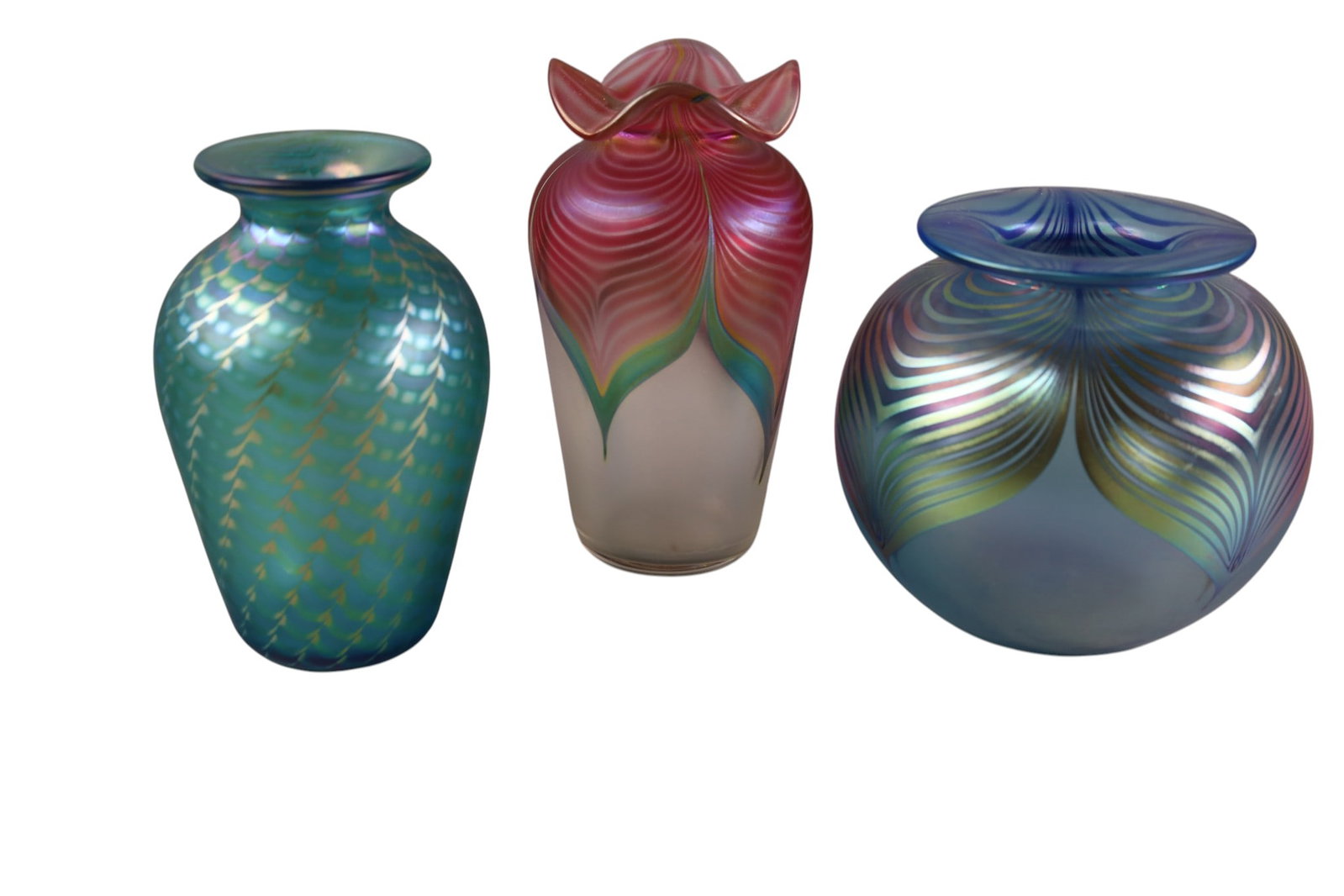 3 PIECES OF ART GLASS: ABELMAN 1985 BLUE BOWL & ABELMAN VASE, & STEVEN CORREIA ART GLASS VASE. 5" H & 7" H.