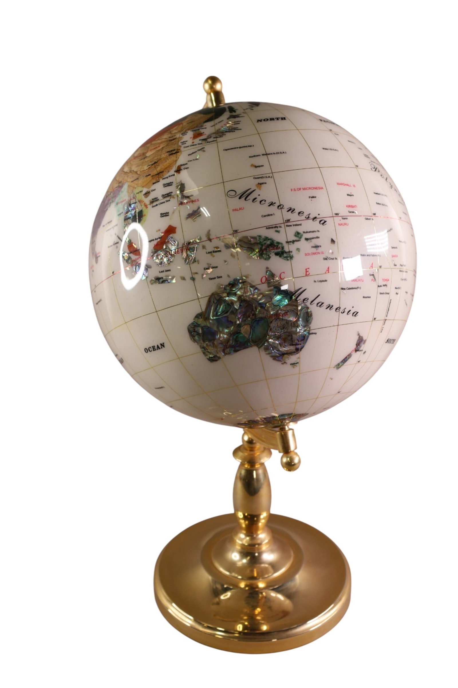STONE GLOBE: INLAID SEMI PRECIOUS STONE GLOBE. 13" DIAM x 22" H.