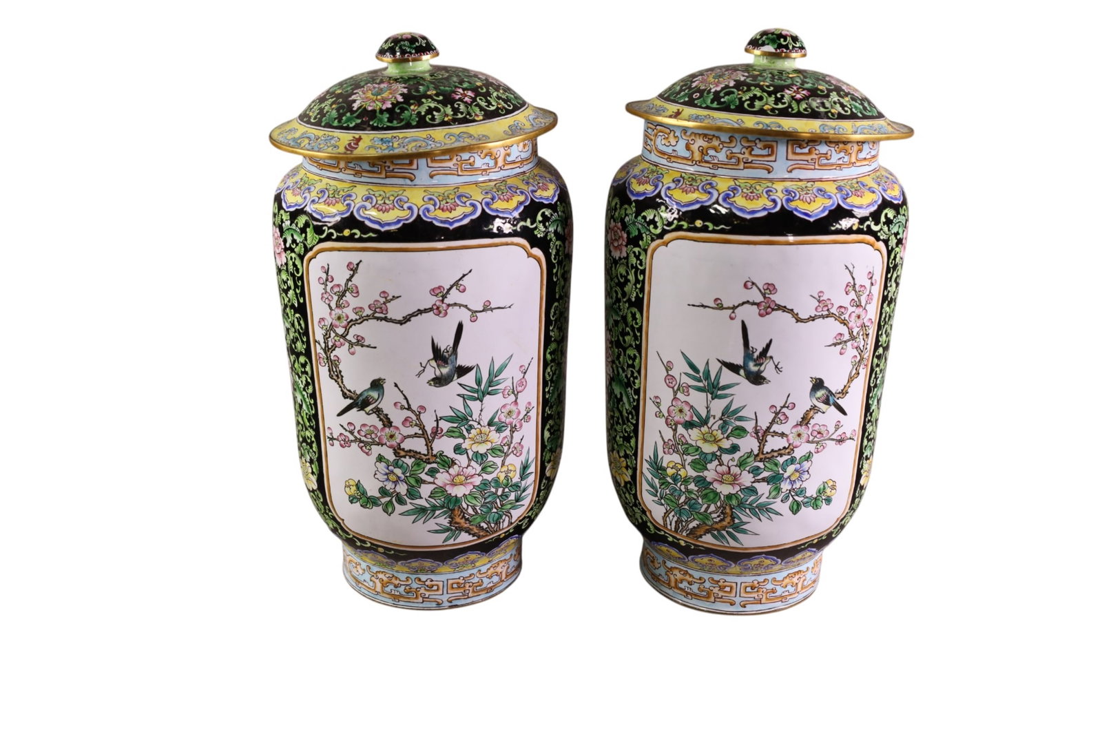 PAIR OF CHINESE ENAMEL LIDDED VASES: PAIR OF ENAMEL LIDDED VASES. 13" H.