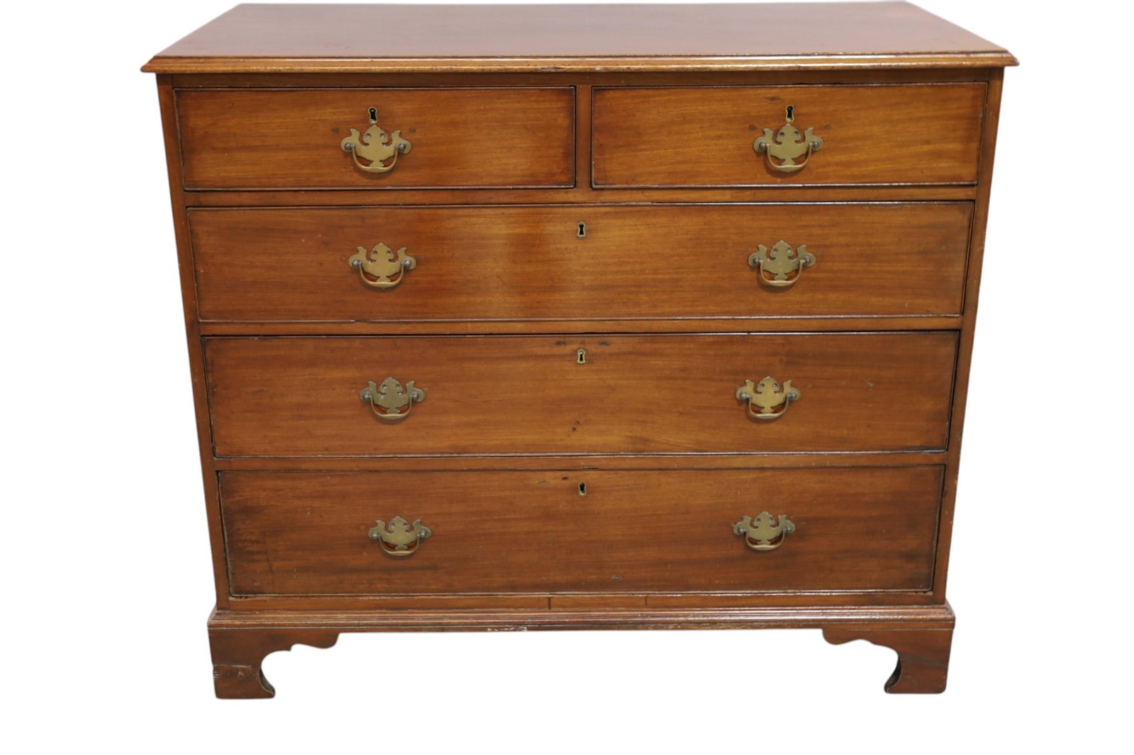 19TH CENTURY 5 DRAWER CHEST: MAHOGANY 19TH CENTURY 5 DRAWER CHEST, GEORGIAN CHEST. NO KEY. 43" W x 21" D x 37" H. THIS ITEM EXCEEDS SIZE LIMITATIONS FOR IN HOUSE SHIPPING, MUST BE SHIPPED VIA 3rd PARTY GROUND SHIPPER OR PICKED