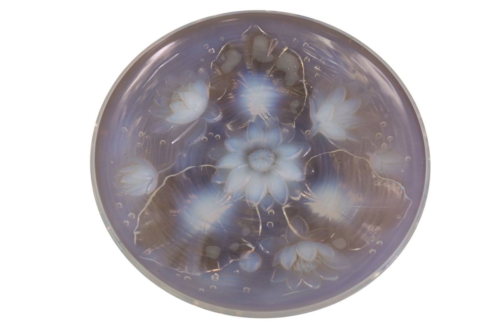 VERLYS LOW BOWL: VERLYS FRANCE CRYSTAL LOW BOWL, OPALESCENT WATER LILY PATTERN BOWL. 14" DIAM.