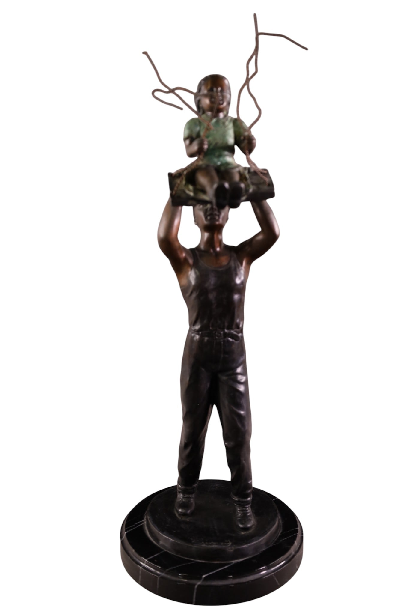 BRONZE SCULPTURE: LITTLE GIRL ON SWING WITH DAD BRONZE SCULPTURE, SIGNED ON BASE, 21" H.
