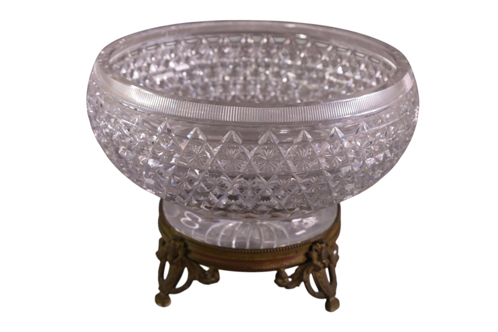 CUT GLASS CENTER BOWL: LARGE CUT GLASS CENTER BOWL ON BRASS FOOTED BASE. 12" DIAM x 8" H.