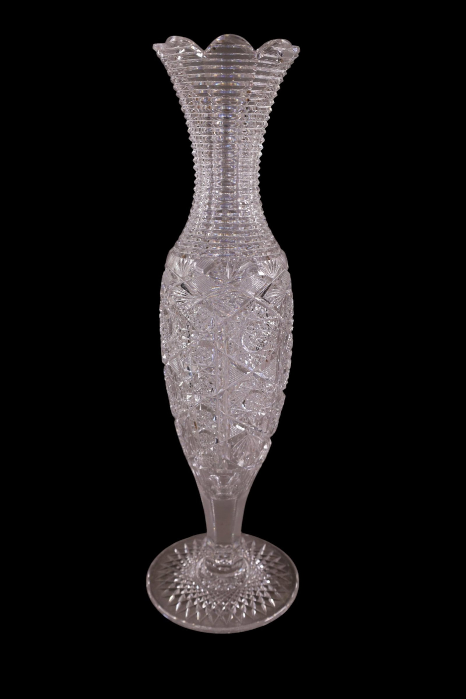TALL CUT GLASS VASE: TALL FOOTED AMERICAN BRILLIANT CUT GLASS VASE, 18" H.