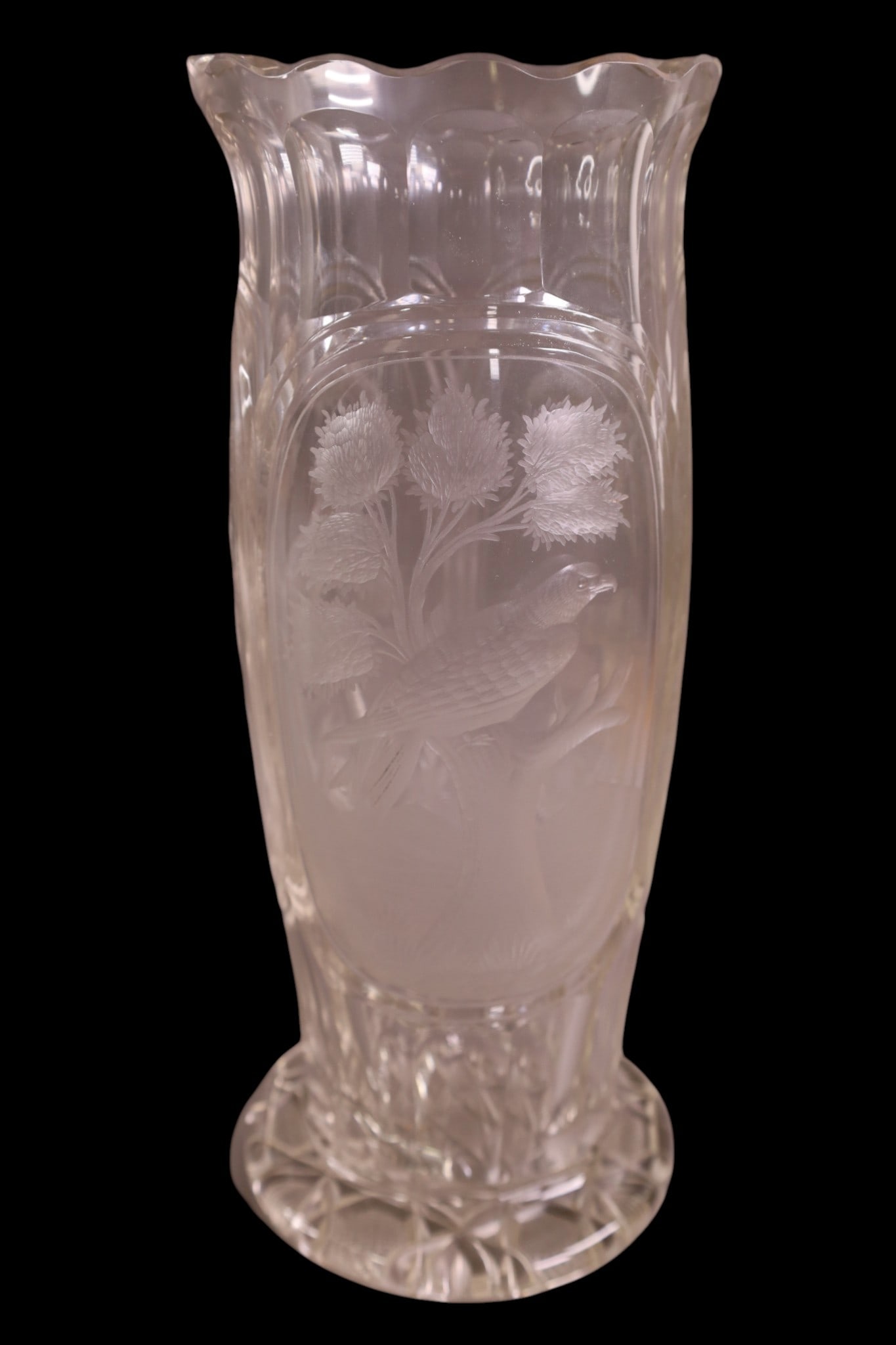 CUT GLASS VASE W/ BIRD DESIGN: BIRD MOTIF, CUT GLASS VASE, 12" H.