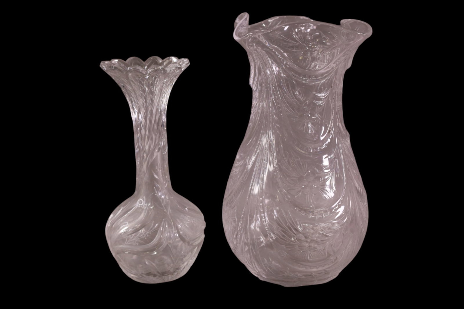 2 PCS OF HAWKES CUT GLASS: SIGNED GRAVIC HAWKES VASE, 9 1/2" H & HAWKES VASE. 11 1/2" H.