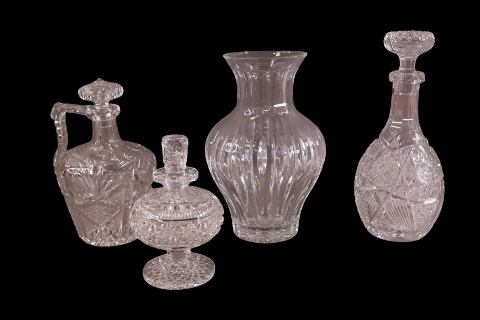 4 PCS OF CUT GLASS: AMERICAN BRILLIANT DECANTER, WHISKEY JUG, SIGNED WATERFORD VASE, 7" - 11" H.