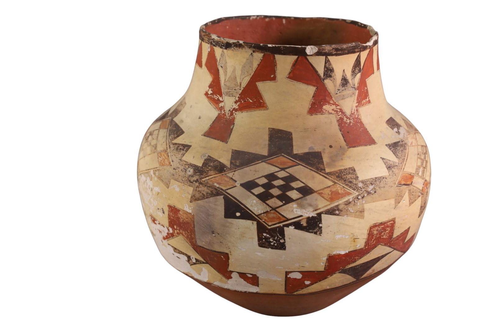 ACOMA POT: LARGE HANDMADE NATIVE AMERICAN ACOMA POT, CHIPS THROUGHOUT. 12" DIAM x 11" H.