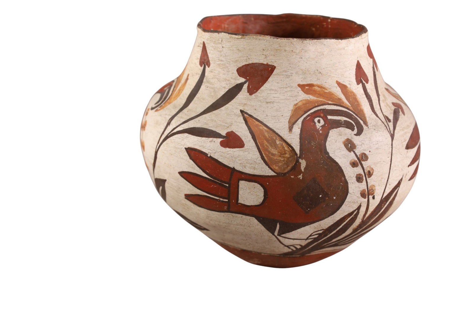 ACOMA POT: LARGE HANDMADE NATIVE AMERICAN ACOMA POT, BIRD MOTIF. CRACKS. 10" DIAM x 9" H.