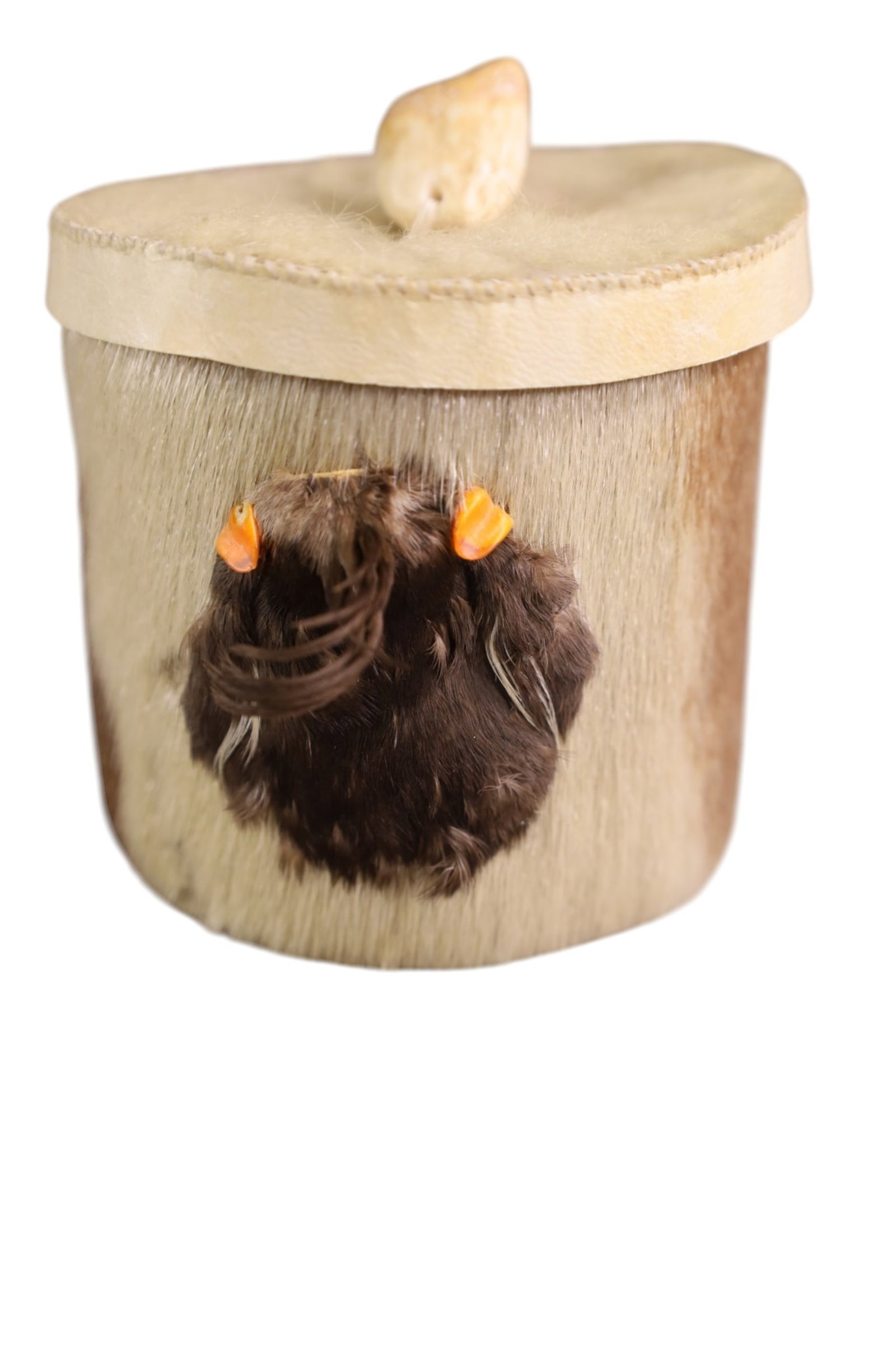 ALASKAN SEALSKIN GIFT BASKET: HANDMADE ALASKAN SEALSKIN GIFT BASKET, PTARMIGAN FEATHER SEAL TOOTH. 3 1/2" H.