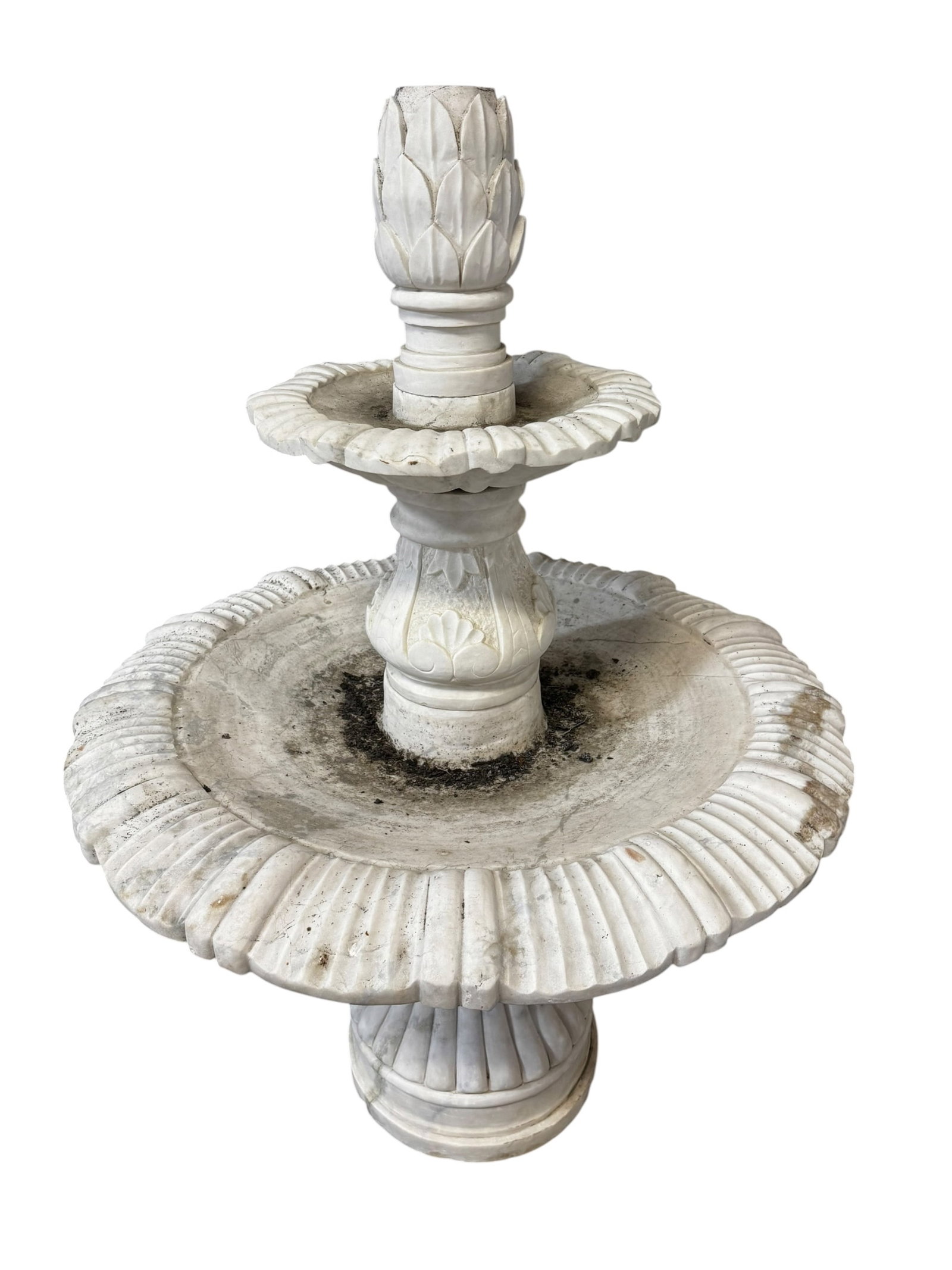 LARGE WHITE MARBLE FOUNTAIN: LARGE WHITE MARBLE 4 PIECE FOUNTAIN, SOME CHIPS AT BASE. 67" H. & 48" DIAM. THIS ITEM EXCEEDS SIZE AND WEIGHT LIMITATIONS FOR SHIPPING, 500+ POUNDS, MUST BE ARRANGED WITH 3rd PARTY SHIPPING COMPANY