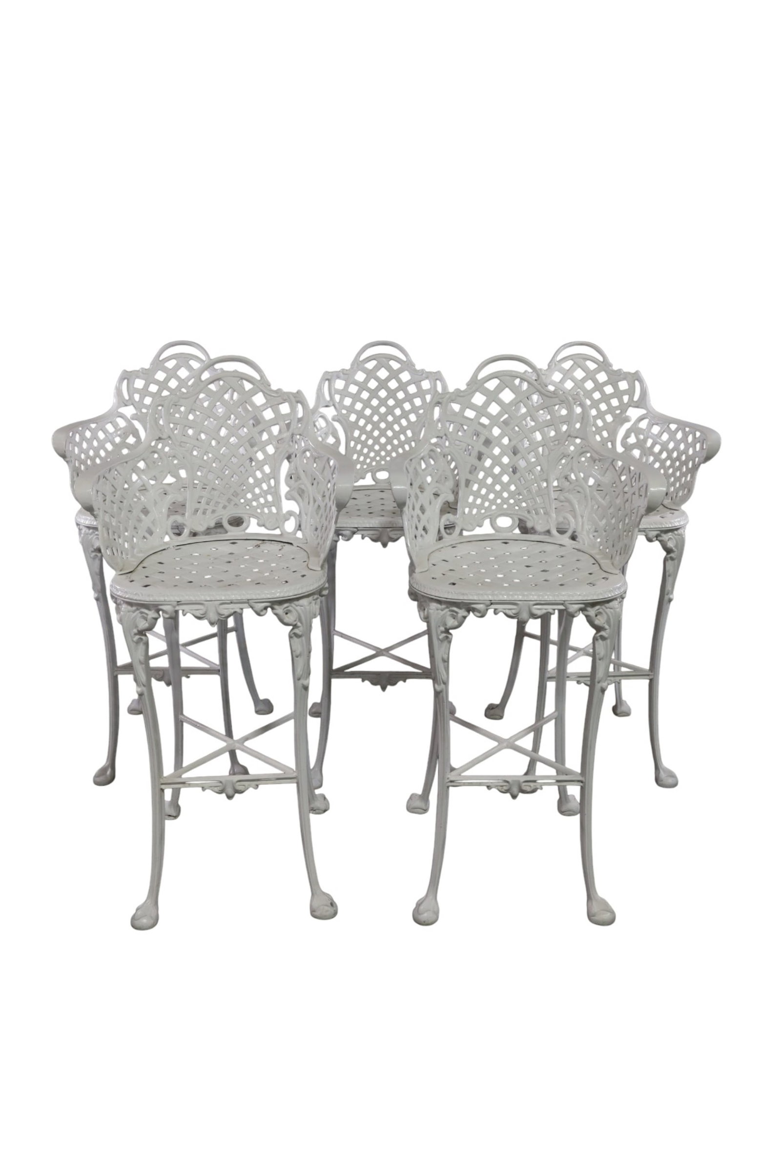 SET OF 5 ALUMINUM PATIO BARSTOOLS: PAINTED FINISH, ALUMINUM BARSTOOLS. 22" W x 17" D x 47" H. & 30" SEAT H. THIS ITEM EXCEEDS SIZE AND WEIGHT LIMITATIONS FOR IN HOUSE SHIPPING, MUST BE PICKED UP IN HOUSE OR SHIPPED VIA 3rd PARTY