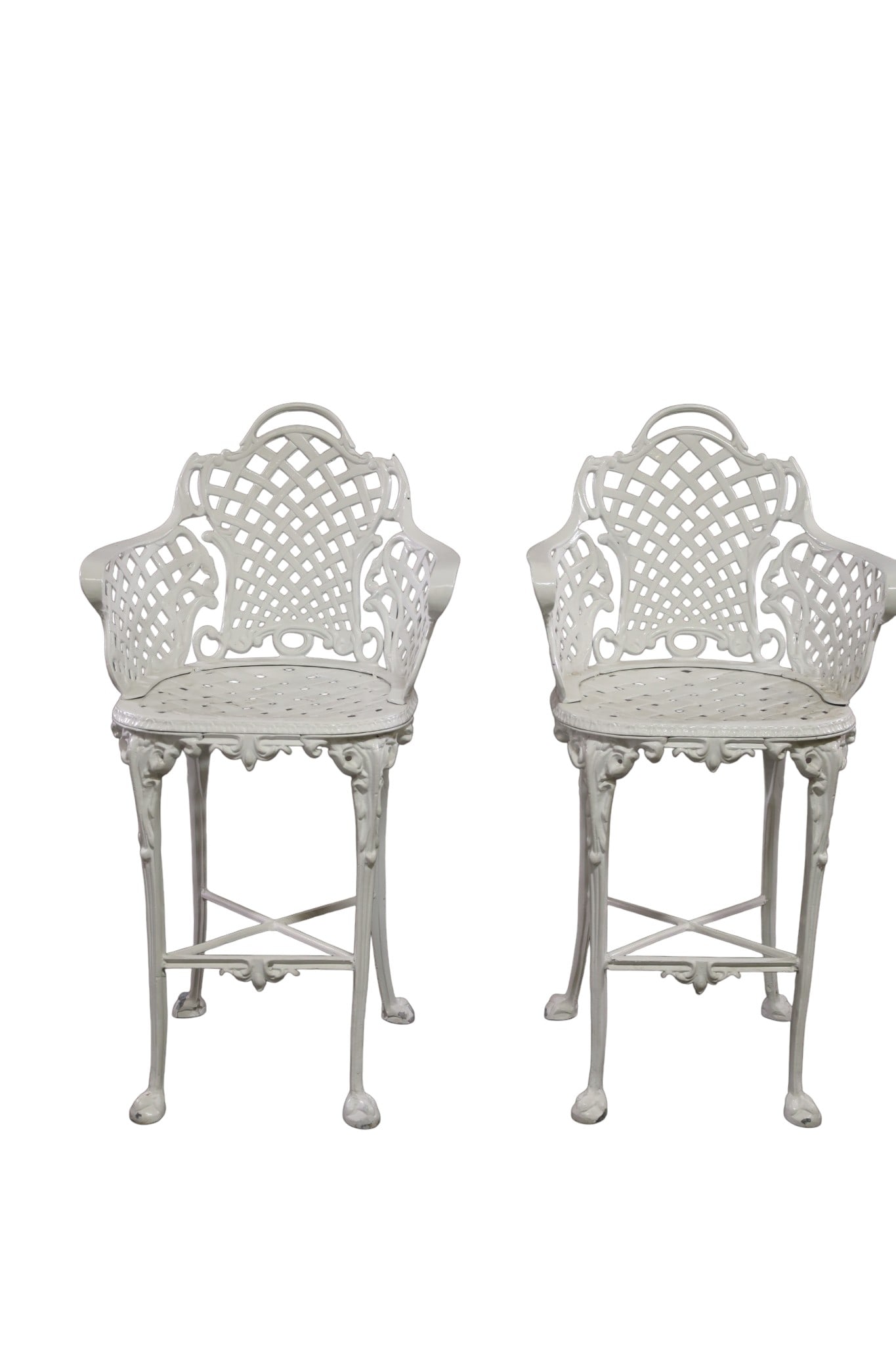PAIR OF ALUMINUM BARSTOOLS: PAIR OF PAINTED FINISH ALUMINUM BARSTOOLS, 22" W x 17" D x 41H. & 25" SEAT H. THIS ITEM EXCEEDS SIZE AND WEIGHT LIMITATIONS FOR IN HOUSE SHIPPING, MUST BE PICKED UP IN HOUSE OR SHIPPED VIA 3rd PARTY