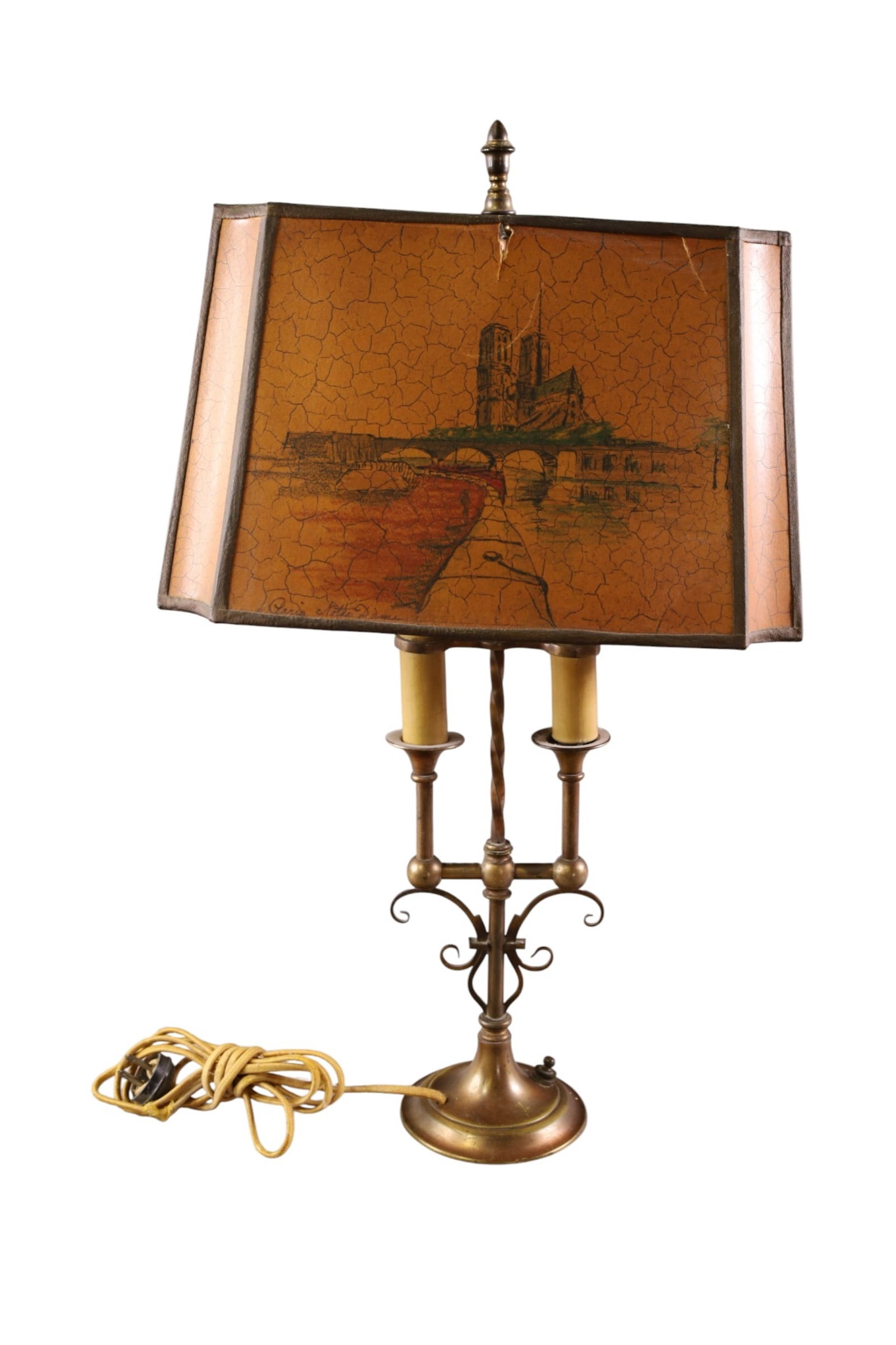 1930'S BRASS TABLE LAMP: HAND PAINTED PAPER SHADE, ORNATE BRASS BASE, DAMAGE TO SHADE. 23" H.