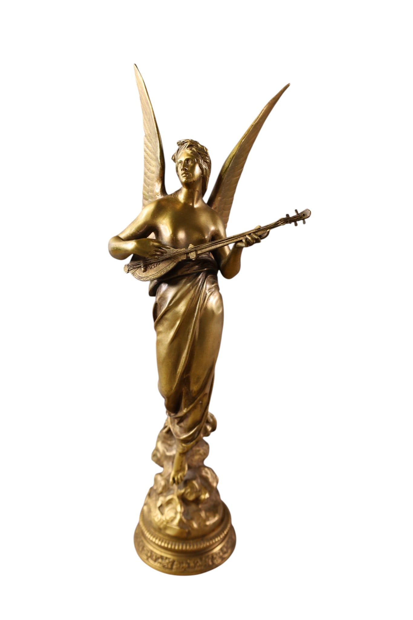 BRONZE FIGURE: TITLED MELODIE DEPICTING A WINGED ANGEL, SIGNED EMILE LOUIS PECAULT 15" H.
