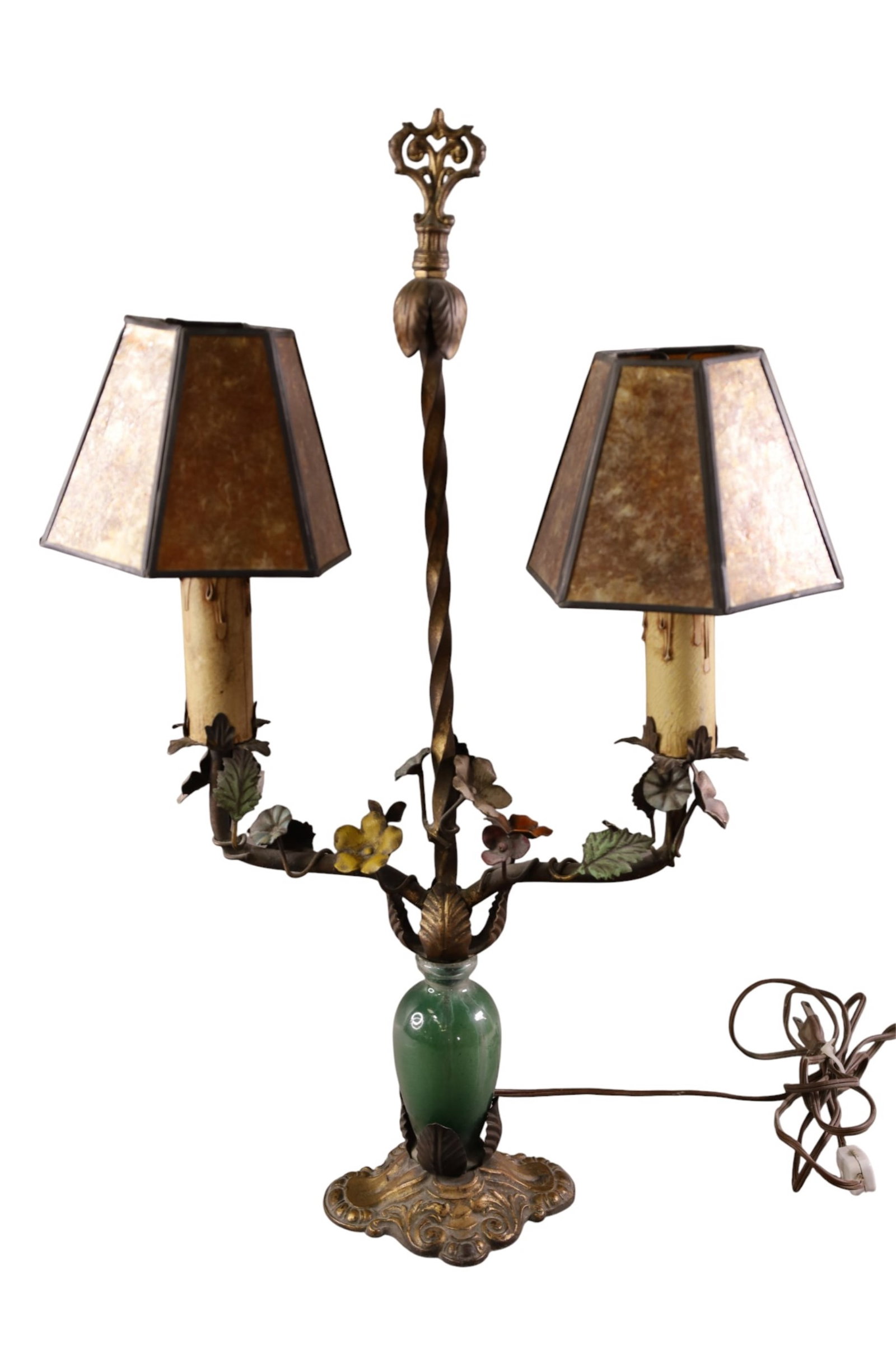 1920'S DOUBLE ARM TABLE LAMP: GREEN GLASS BASE, WITH FLORAL DECORATION, MICA SHADES. 22" H.