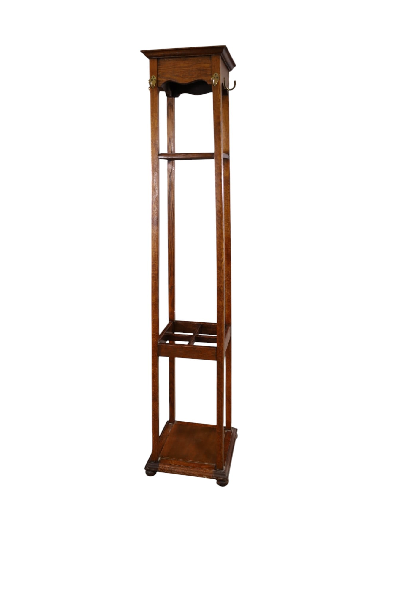 ARTS & CRAFTS OAK HAT RACK: ARTS & CRAFTS OAK HAT RACK WITH BRASS HOOKS, BOTTOM PAN REPLACED WITH BOARD. 72" H. THIS ITEM EXCEEDS SIZE AND WEIGHT LIMITATIONS FOR IN HOUSE SHIPPING, MUST BE PICKED UP IN HOUSE OR SHIPPED VIA 3rd