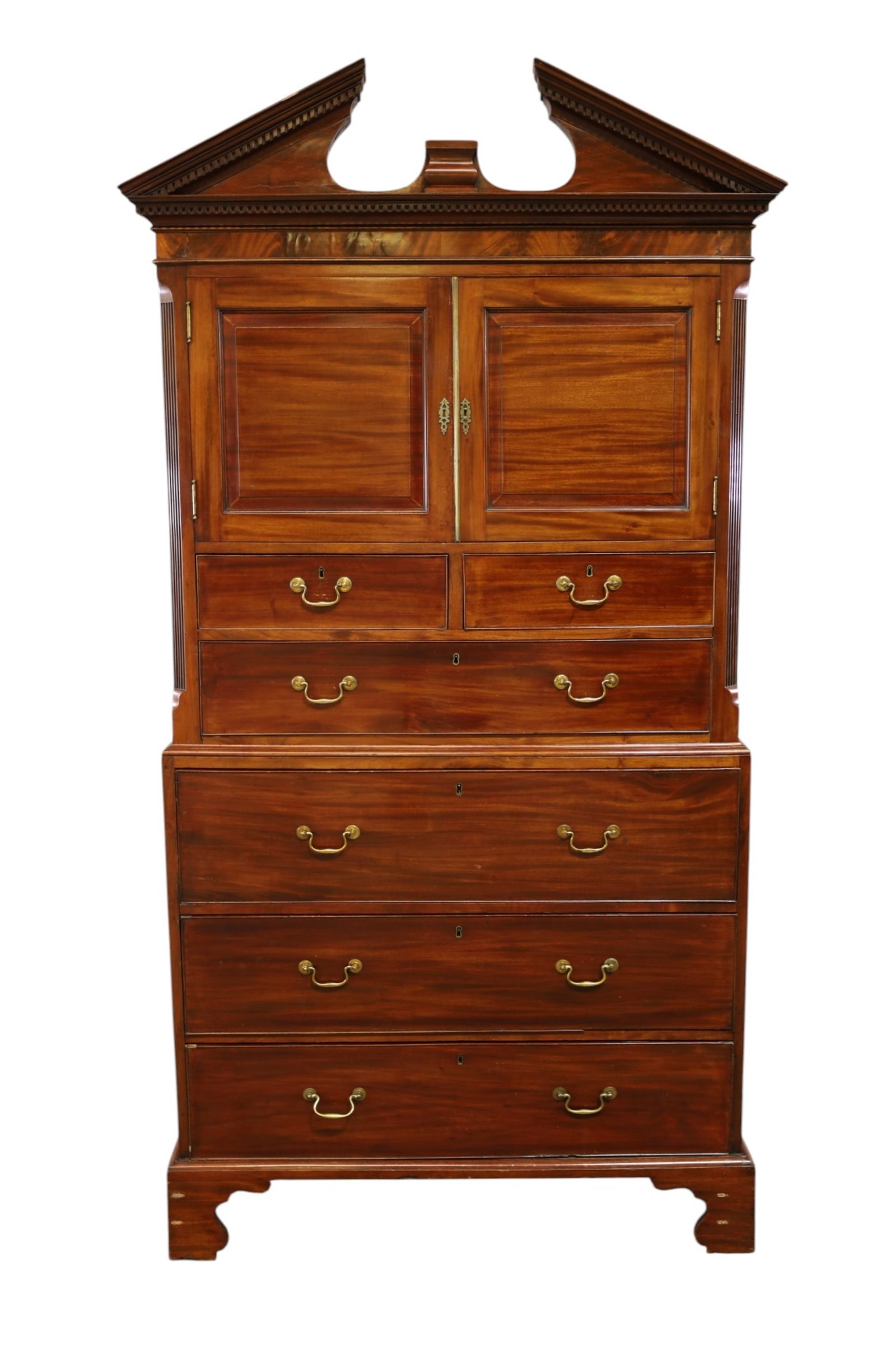 19TH CENTURY MAHOGANY LINEN PRESS: LARGE TWO PART MAHOGANY LINEN PRESS, CHIPPENDALE 6 DRAWER LINEN PRESS WITH UPPER DOORS. 42" W x 22" D x 85" H. THIS ITEM EXCEEDS SIZE AND WEIGHT LIMITATIONS FOR IN HOUSE SHIPPING, MUST BE PICKED UP