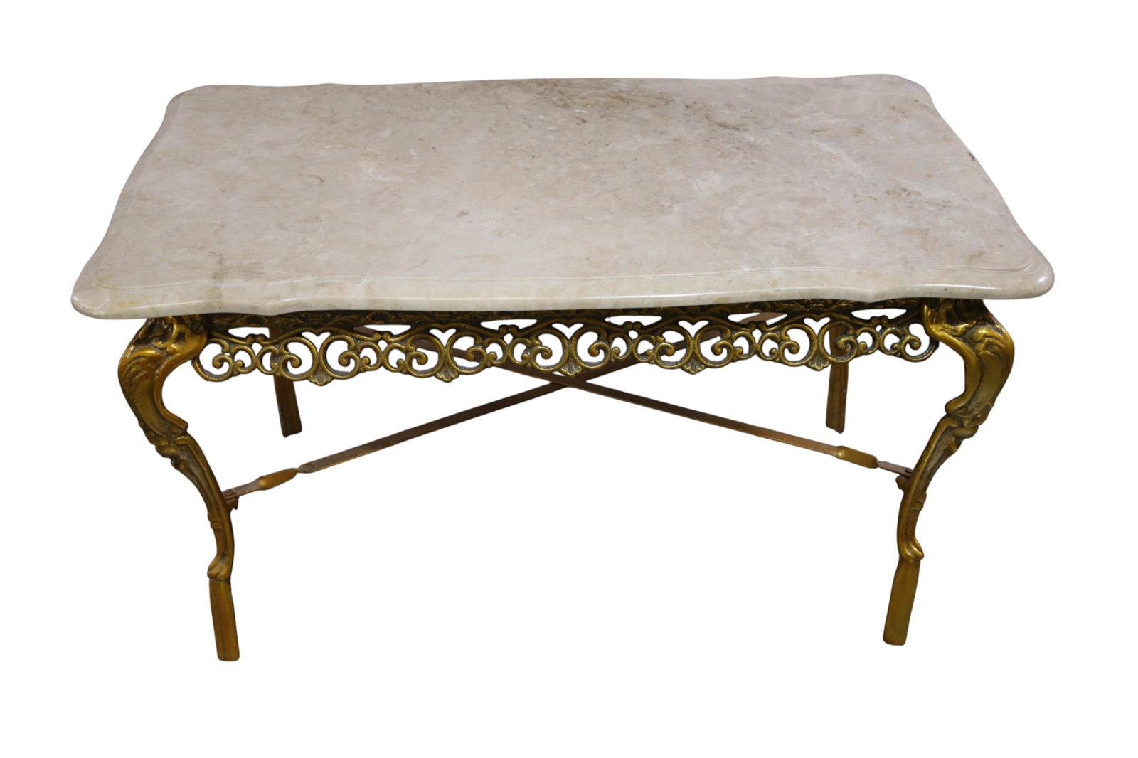 MARBLE TOP COFFEE TABLE: SMALL MARBLE TOP COFFEE TABLE, PAINTED METAL BASE. SMALL CHIP TO MARBLE. 36" W x 22" D X 18" H. THIS ITEM EXCEEDS SIZE AND WEIGHT LIMITATIONS FOR IN HOUSE SHIPPING, MUST BE PICKED UP IN HOUSE OR