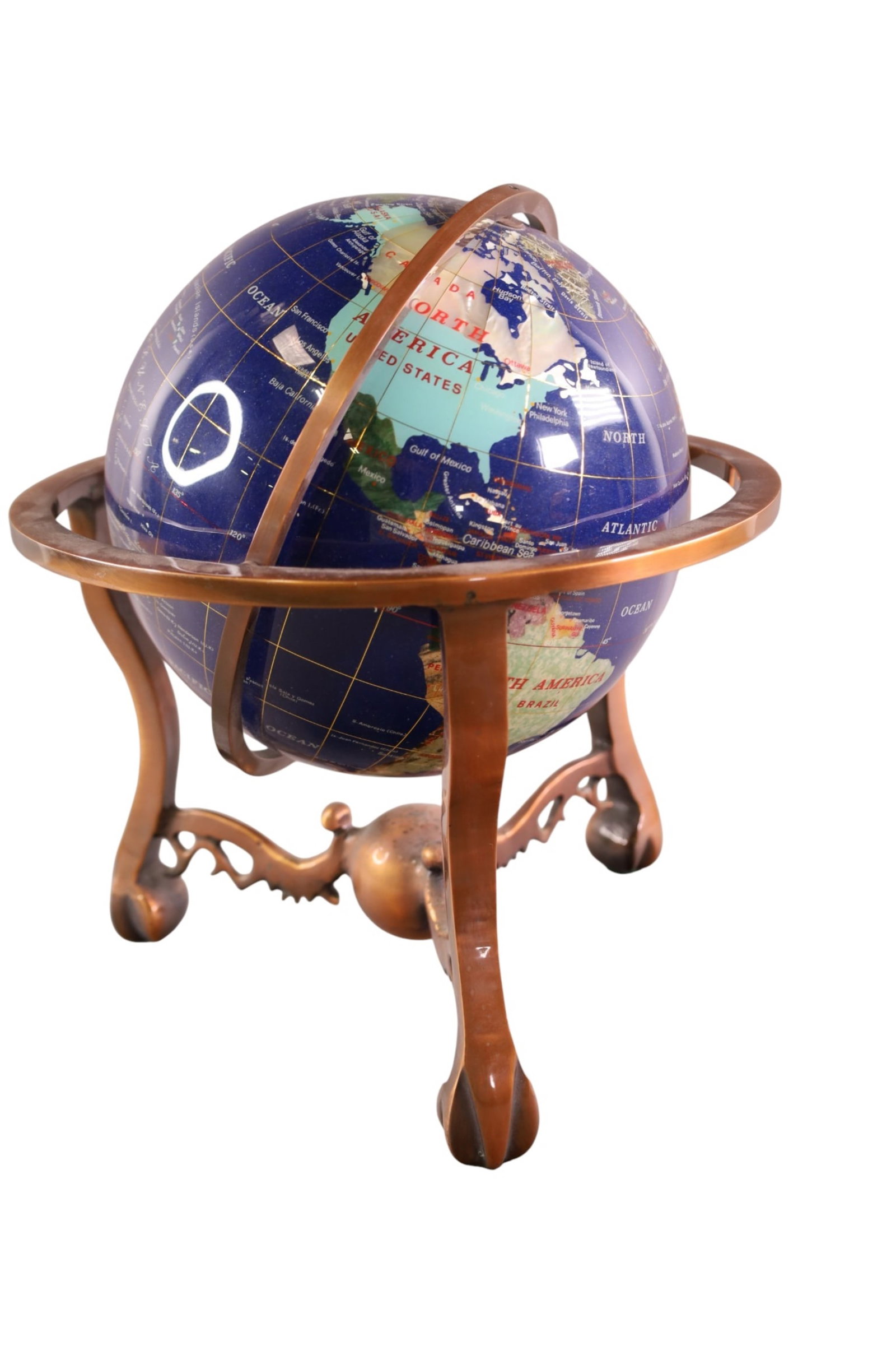 INLAID STONE GLOBE: SMALL INLAID STONE, SEMI PRECIOUS STONE GLOBE, IN STAND. 9" DIAM GLOBE, 13" H.