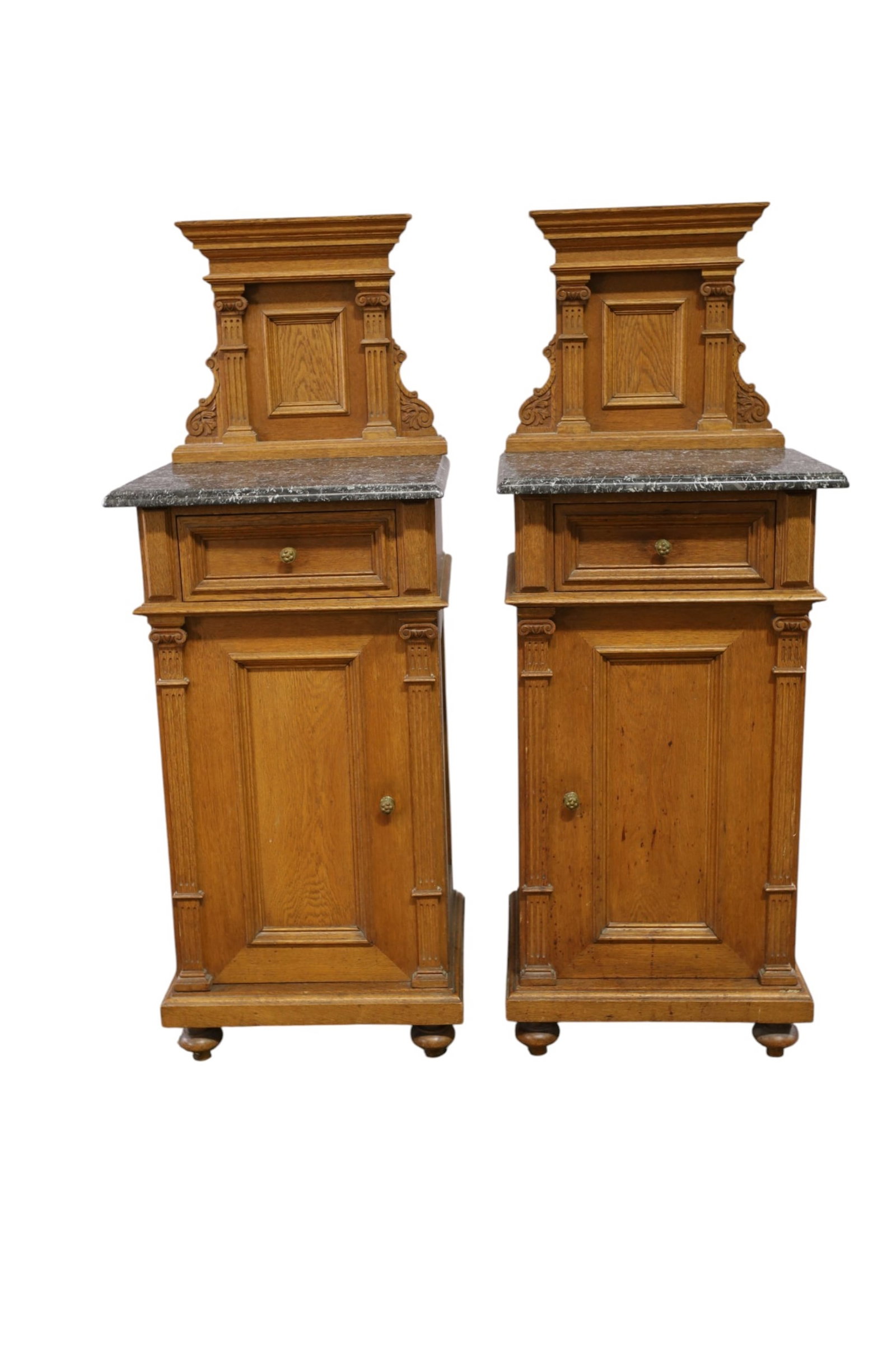 PAIR OF VICTORIAN MARBLE TOP NIGHTSTANDS: PAIR OF BLACK MARBLE TOP NIGHTSTANDS, WITH TALL BACK, LOWER DOOR. 17" W x 15" D x 47" H. THIS ITEM EXCEEDS SIZE AND WEIGHT LIMITATIONS FOR IN HOUSE SHIPPING, MUST BE PICKED UP IN HOUSE OR SHIPPED VIA