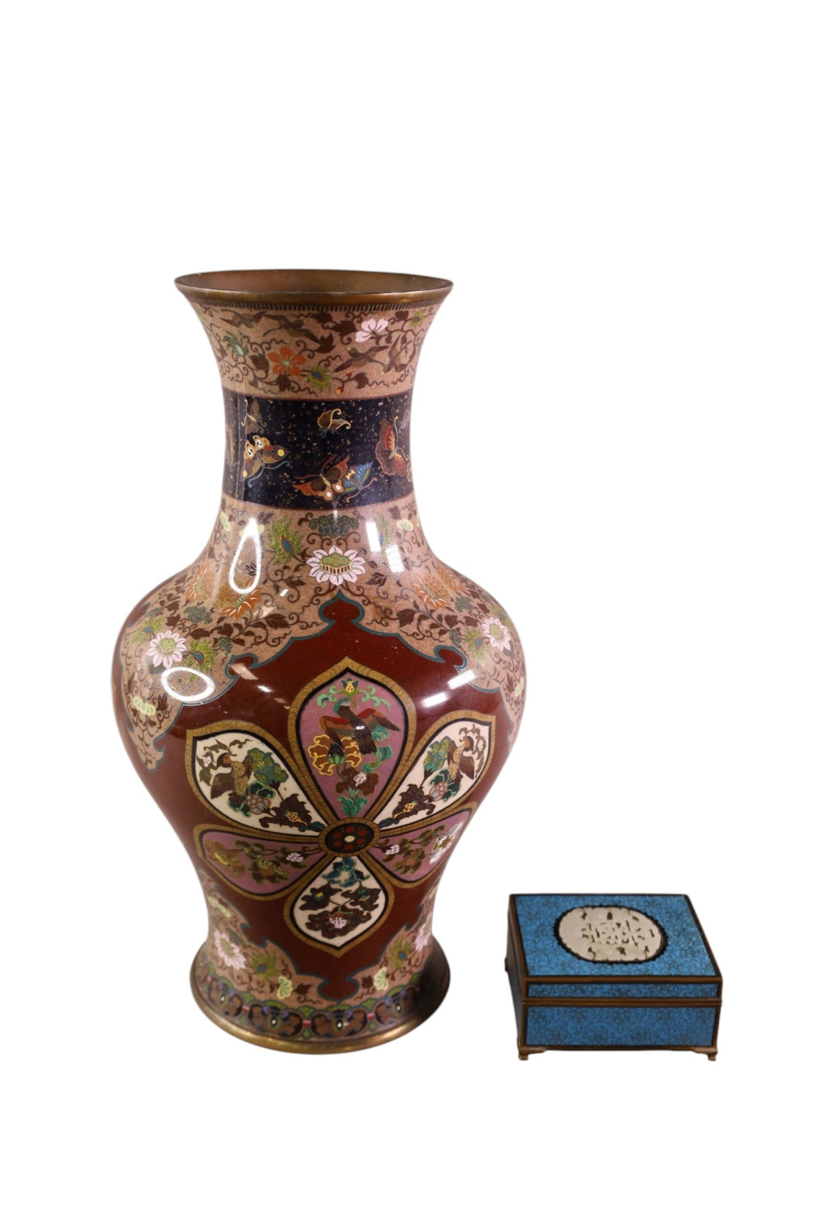 2 PCS OF CHINESE: LARGE CLOISONNE VASE, & ENAMEL DRESSER BOX WITH JADE LID 16" H & 4" x 3"