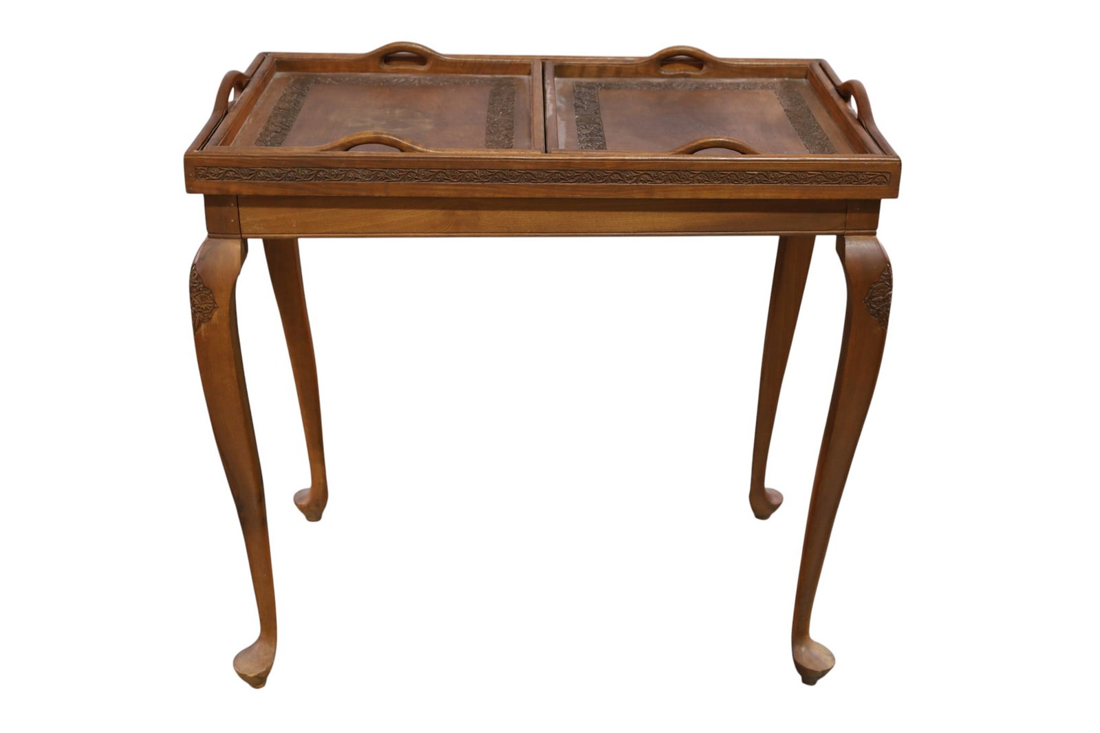VINTAGE TRAY TABLE: CARVED TRAY TABLE, REMOVABLE TRAYS, MINOR WEAR TO FINISH. 30" W x 17 1/2" D x 29 1/2" H. THIS ITEM EXCEEDS SIZE AND WEIGHT LIMITATIONS FOR IN HOUSE SHIPPING, MUST BE PICKED UP IN HOUSE OR SHIPPED VIA