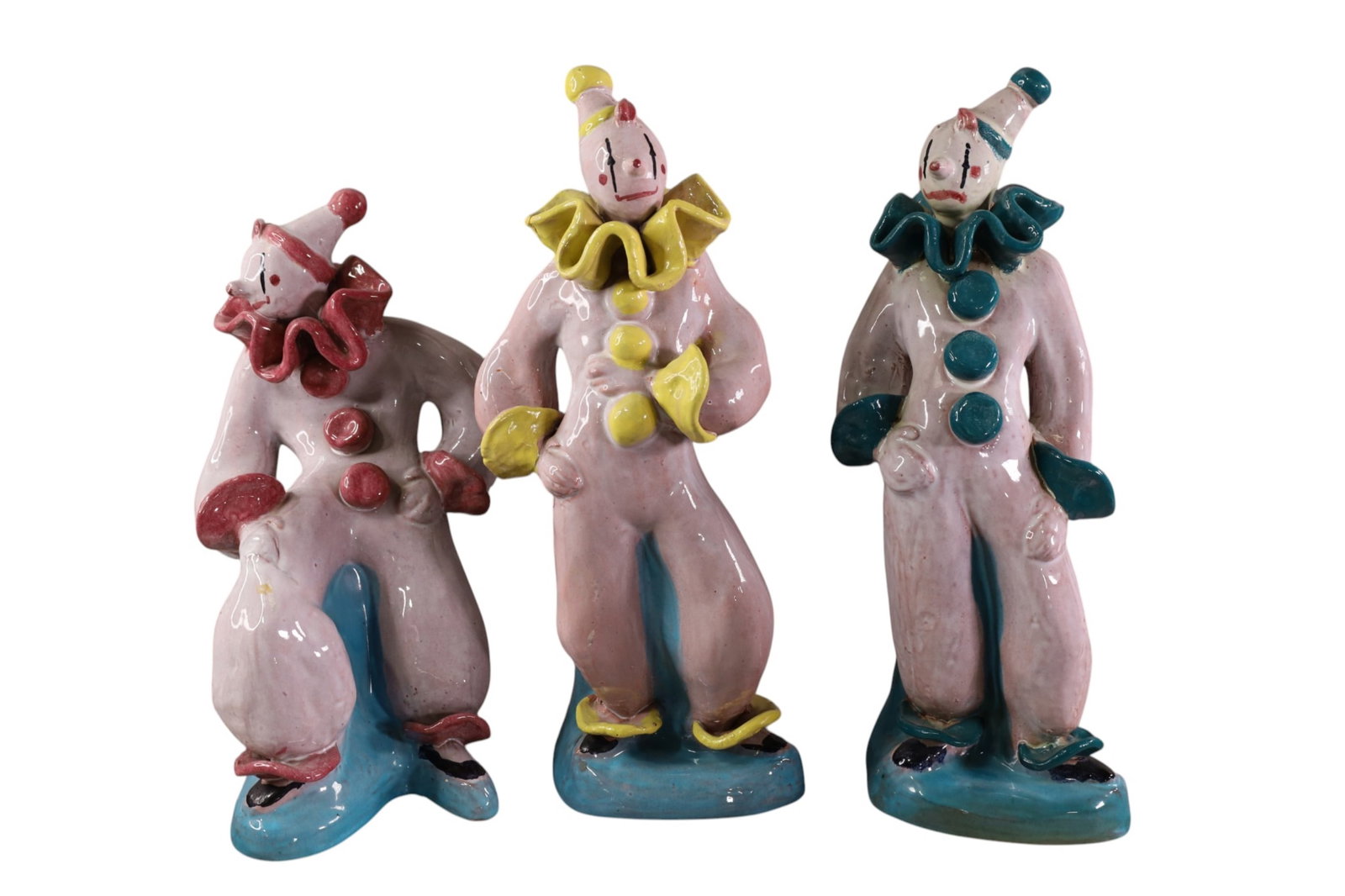 3 PAINTED CLOWN FIGURES: TERRA COTTA, PAINTED FINISH CLOWN FIGURES, & WOOD CARVED MANDOLIN PLAYER, HAS DAMAGE. 14 - 16" H.