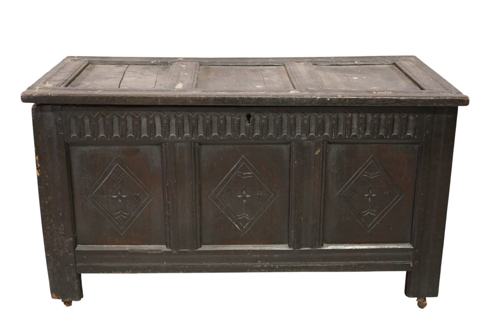 LARGE ANTIQUE TRUNK: LARGE ANTIQUE LIDDED TRUNK, DAMAGE TO SIDE, CRACKS, 47" W x 23" D x 27" H. THIS ITEM EXCEEDS SIZE AND WEIGHT LIMITATIONS FOR IN HOUSE SHIPPING, MUST BE PICKED UP IN HOUSE OR SHIPPED VIA 3rd PARTY
