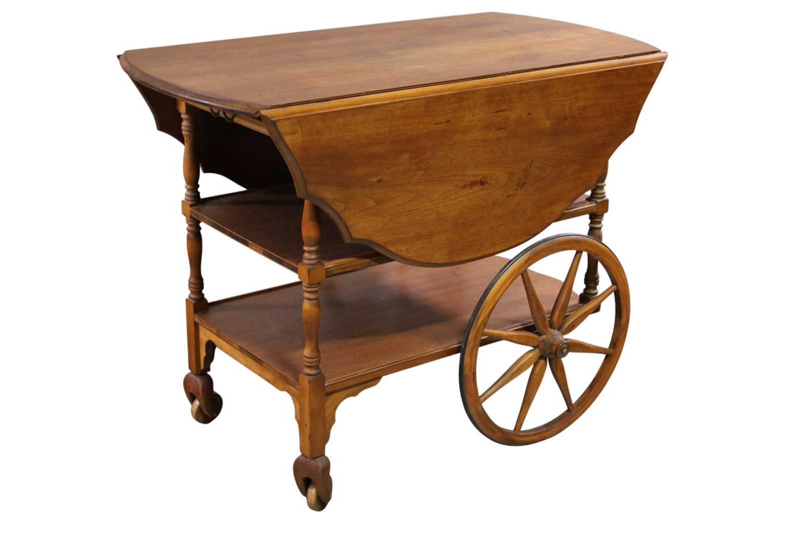 MAHOGANY TEA CART: MAHOGANY TEA CART WITH LOWER TRAY, MISSING RUBBER ON WHEELS. 36" L x 41" W x 28" H. OPEN. THIS ITEM EXCEEDS SIZE AND WEIGHT LIMITATIONS FOR IN HOUSE SHIPPING, MUST BE PICKED UP IN HOUSE OR SHIPPED