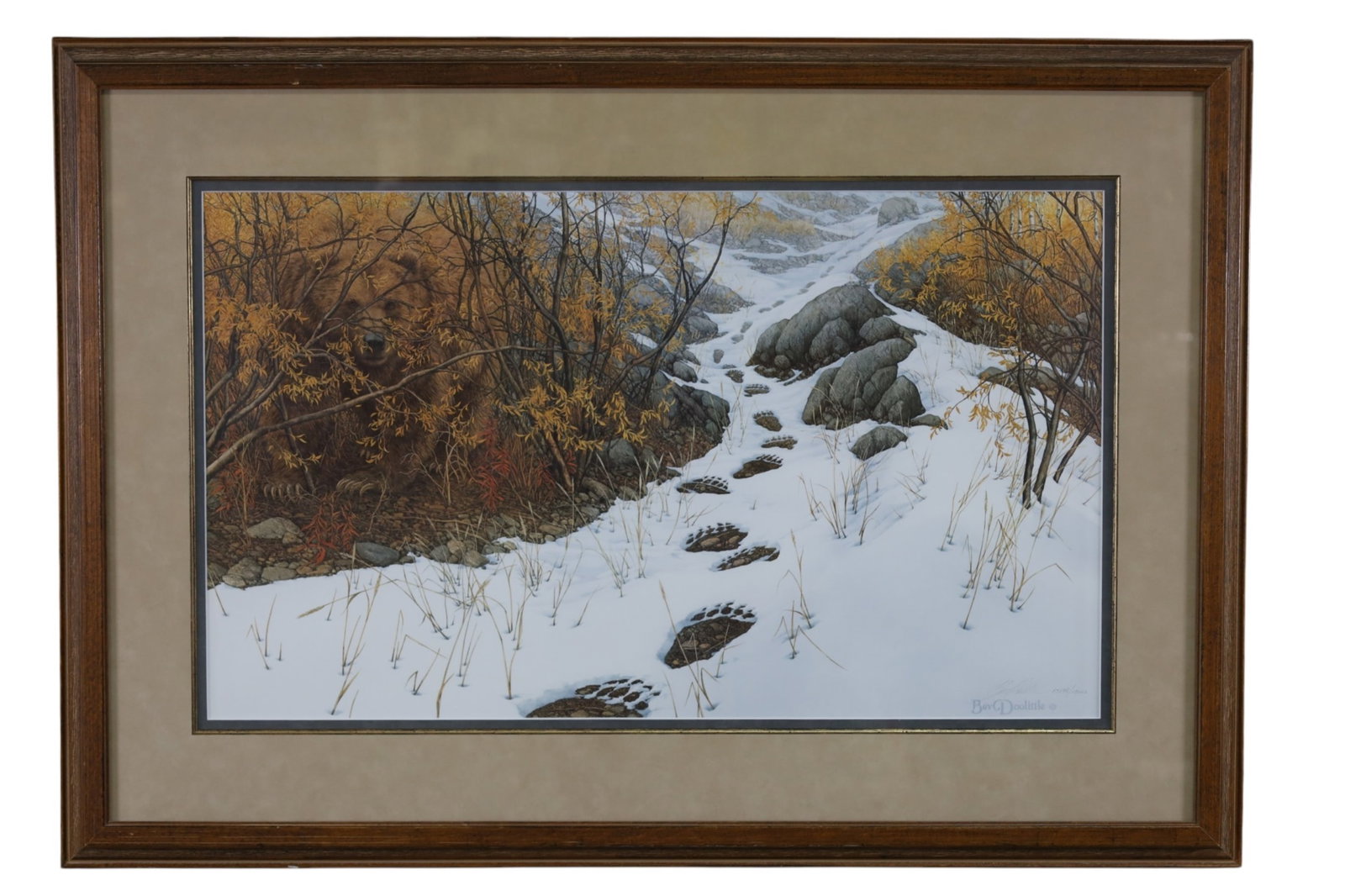 BEV DOOLITTLE LITHOGRAPH: FRAMED LIMITED EDITION LITHOGRAPH, TITLED DOUBLED BACK, SIGNED AND NUMBERED. 41" x 28 1/2" IN FRAME