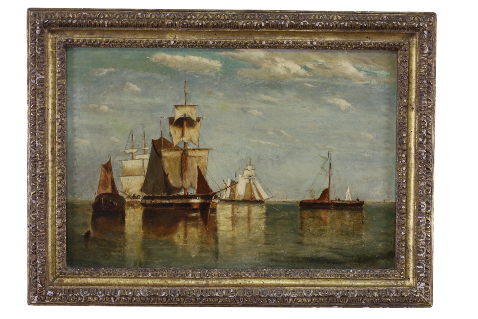 G. TYLER OIL PAINTING: OIL ON CANVAS, SIGNED LOWER RIGHT, BOATS IN HARBOR OIL PAINTING. 28" x 21" IN FRAME