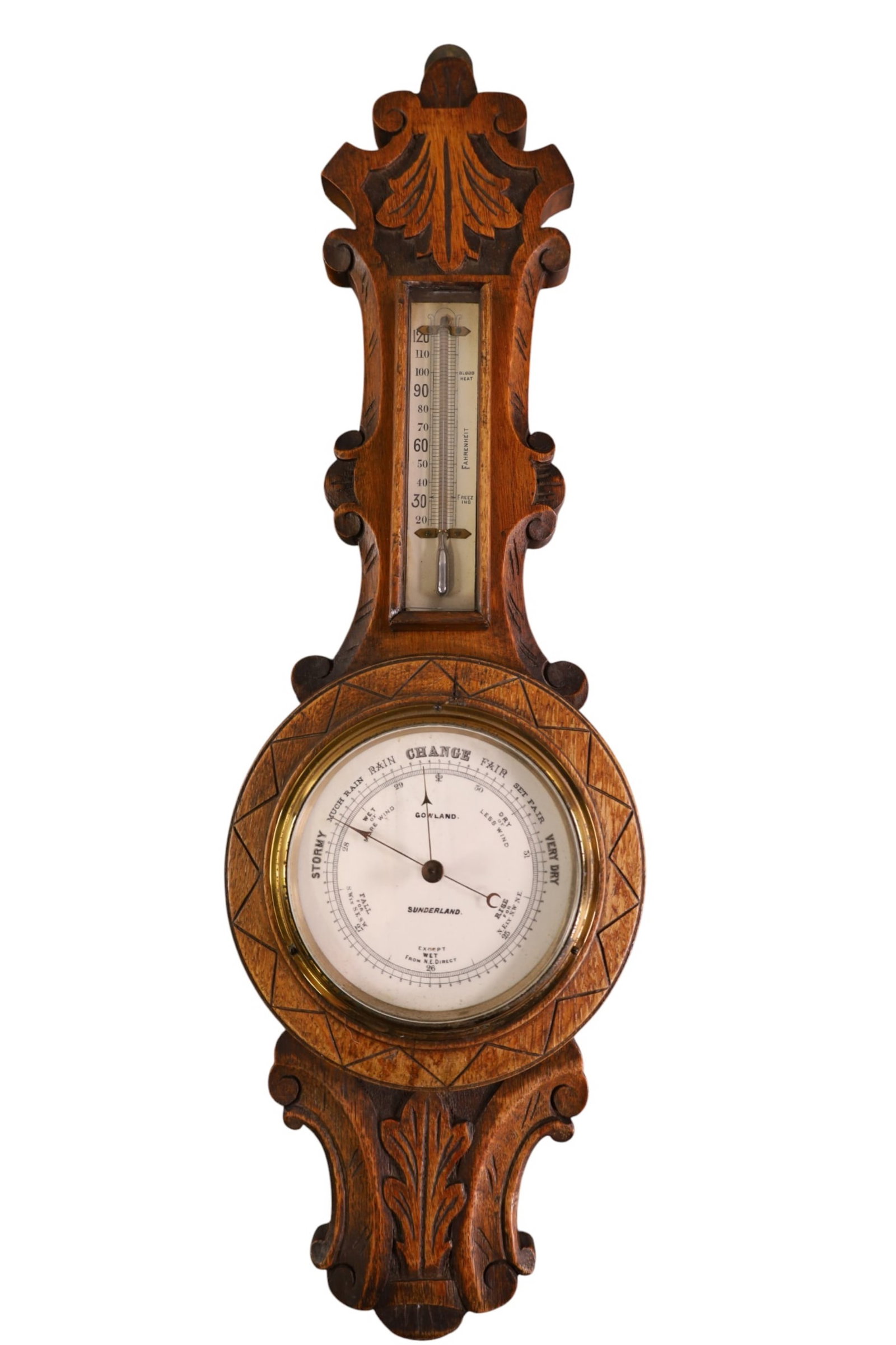 GOWLAND SUNDERLAND BAROMETER: BAROMETER THERMOMETER, GOWLADN SUDERLAND, 7 1/2" x 24 1/2" H.