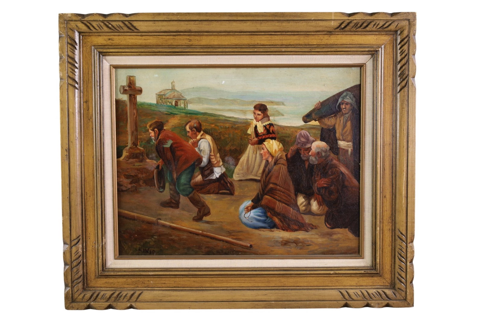 RELIGIOUS OIL PAINTING: OIL ON CANVAS, SIGNED LOWER LEFT, ALONSO. RELIGIOUS SCENE OIL PAINTING. 26" x 21 1/2 IN FRAME