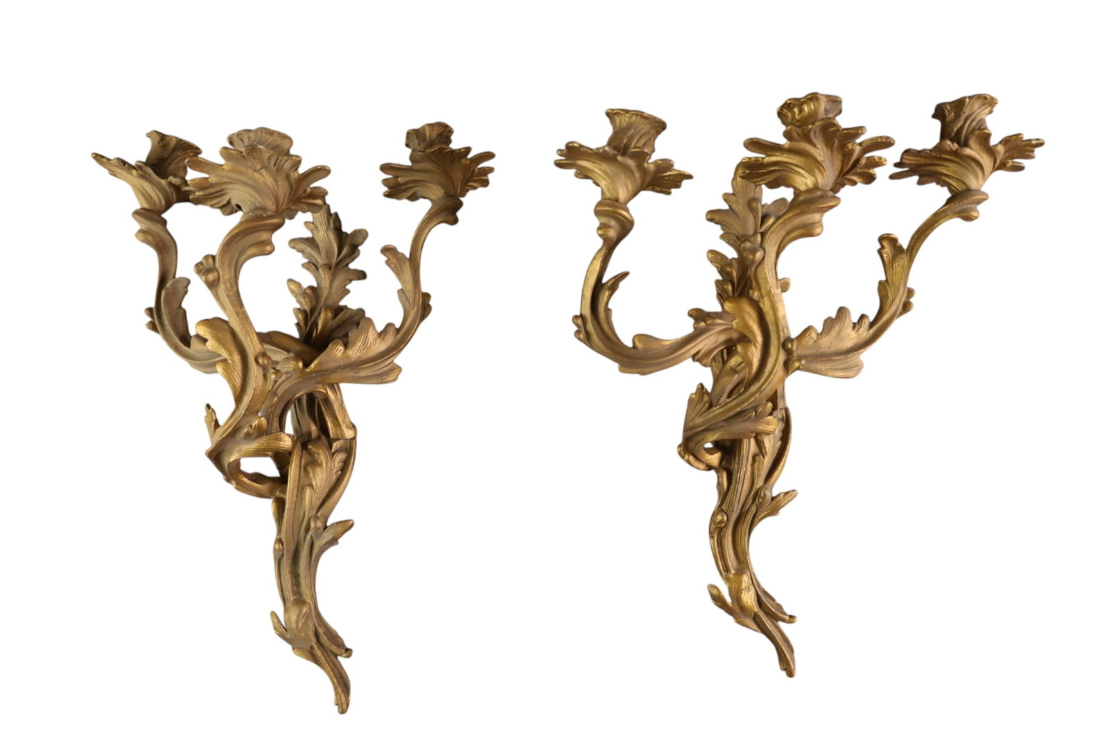 PAIR OF GILT METAL WALL SCONCES: PAIR OF THREE ARM GILT METAL WALL SCONCES, 17" H. x 12" W.