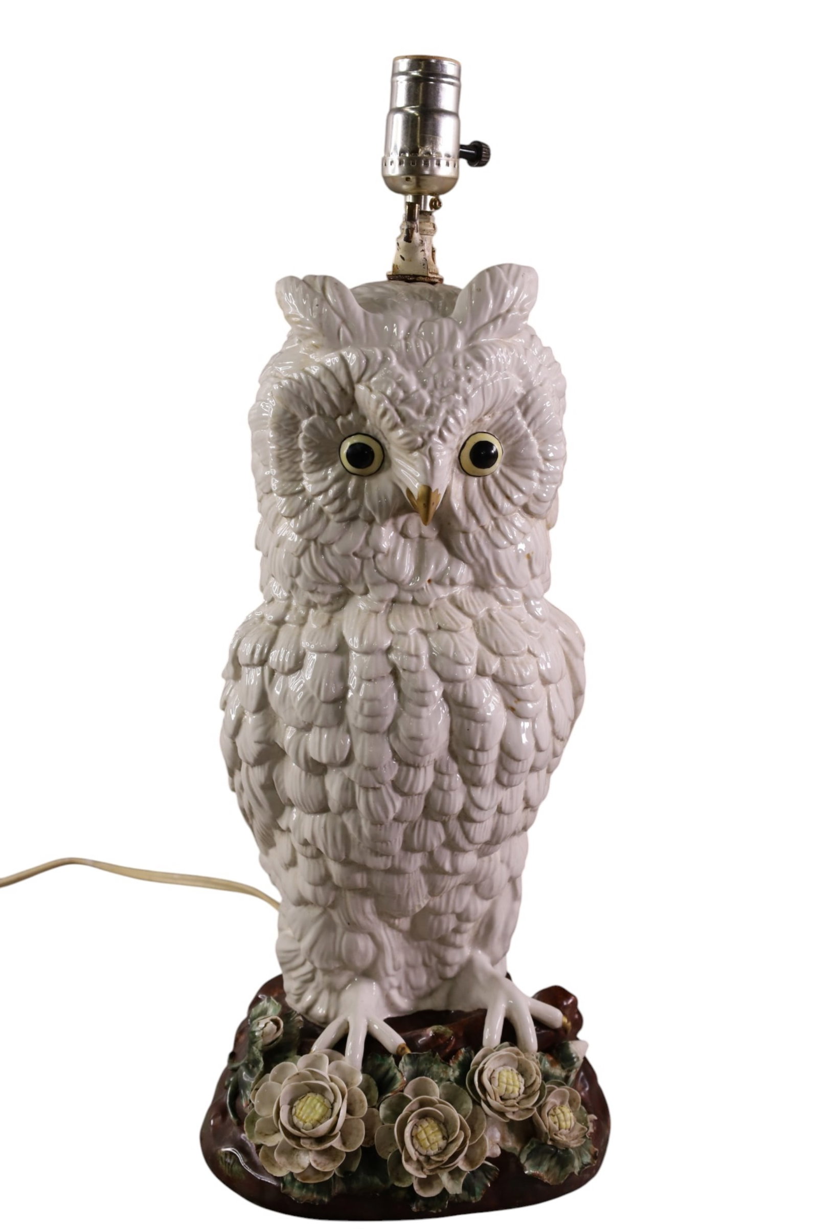ITALIAN MOTTAHEDEH OWL LAMP: LARGE ITALIAN CERAMIC OWL LAMP, 20 1/2" H.