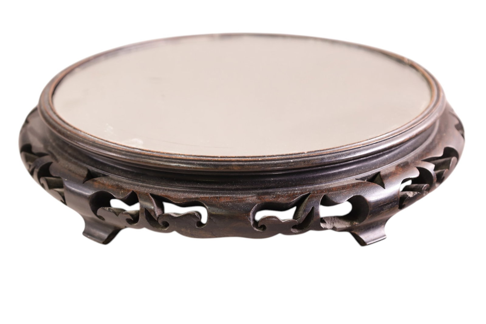 CHINESE PLATEAU MIRROR: MIRRORED TOP, CHINESE HARDWOOD PLATEAU MIRROR. 13 1/2" DIAM