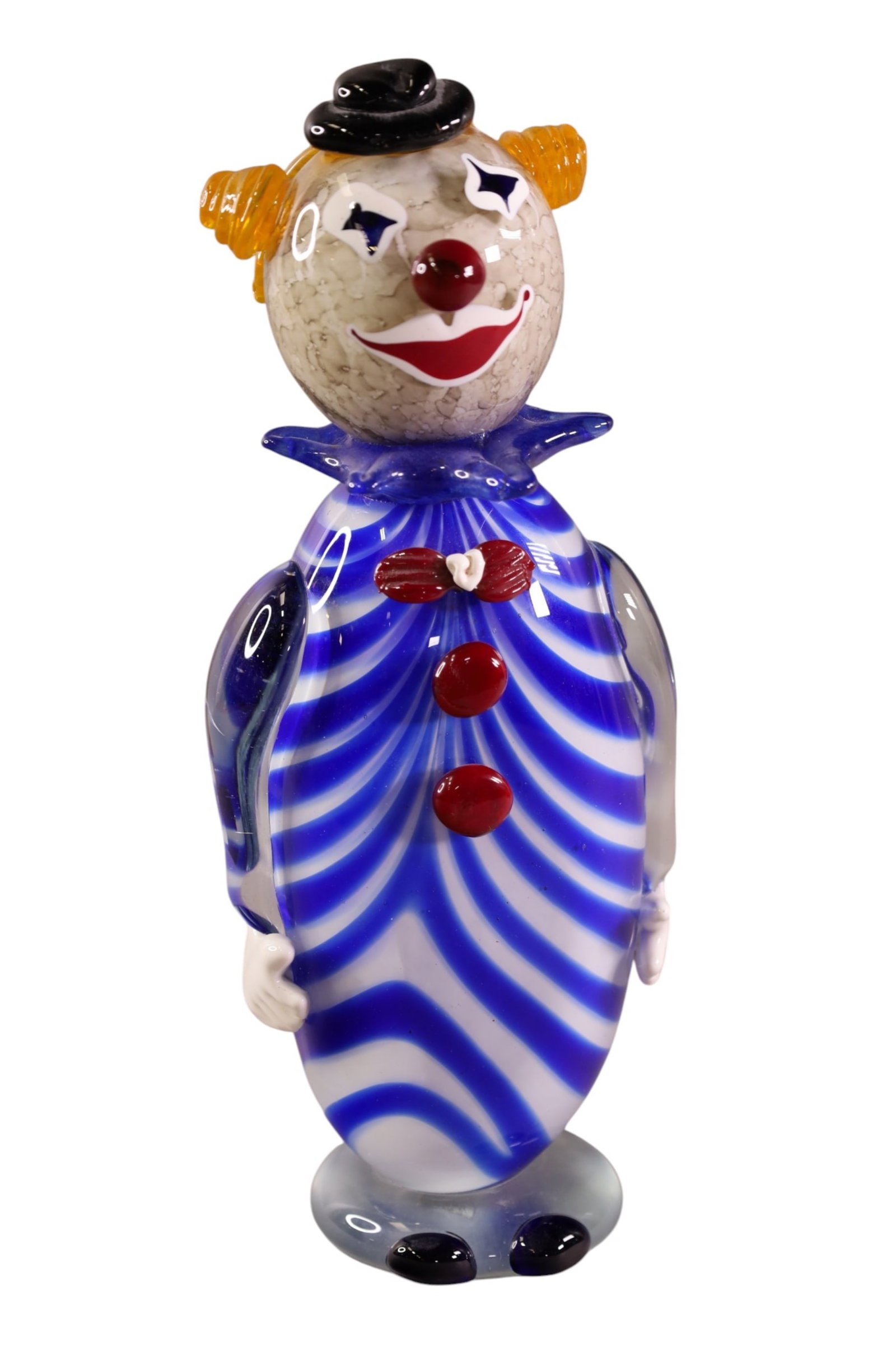 ART GLASS CLOWN: MURANO STYLE ART GLASS CLOWN, MARKED FELINA RUSSIA. 11 1/2" H.