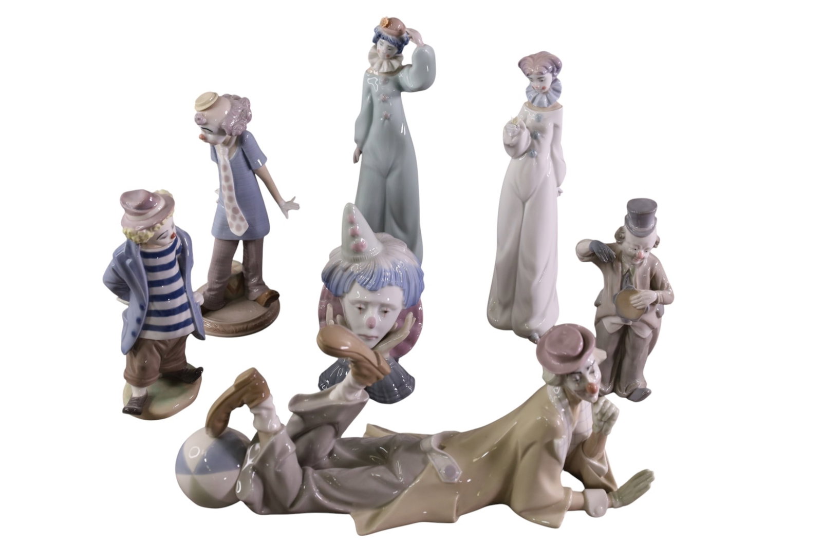 6 LLADRO CLOWNS: 6 LLADROS CLOWN FIGURES, COLLECTORS SOCIETY 1986, SOME DAMGE TO FLOWERS. 7" - 11" H.