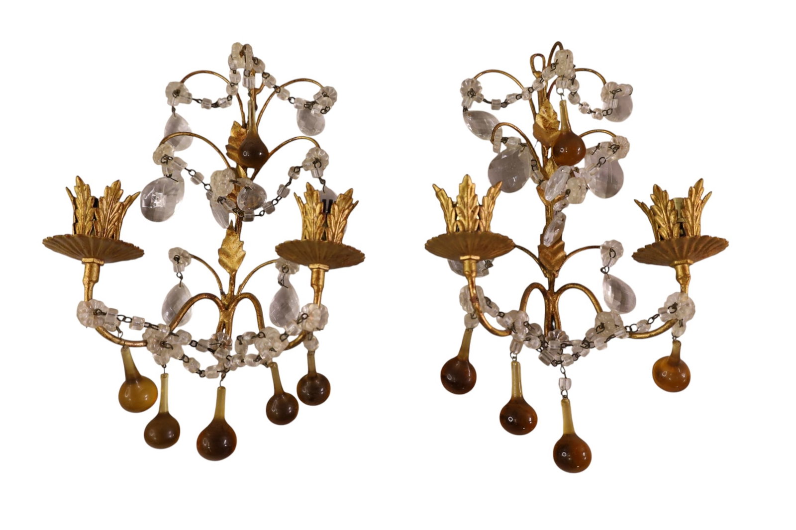 PAIR OF WALL SCONCES: PAIR OF GILT METAL AND CRYSTAL PRISM WALL SCONCES. 10" H.