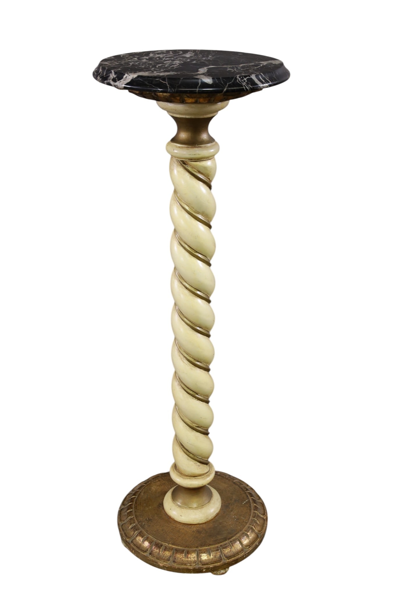 ITALIAN STYLE MARBLE TOP PEDESTAL: TURNED COLUMN BASE, BLACK MARBLE TOP. PAINTED FINISH BASE. 12" DIAM TOP x 35 1/2" H. THIS ITEM EXCEEDS SIZE AND WEIGHT LIMITATIONS FOR IN HOUSE SHIPPING, MUST BE PICKED UP IN HOUSE OR SHIPPED VIA 3rd