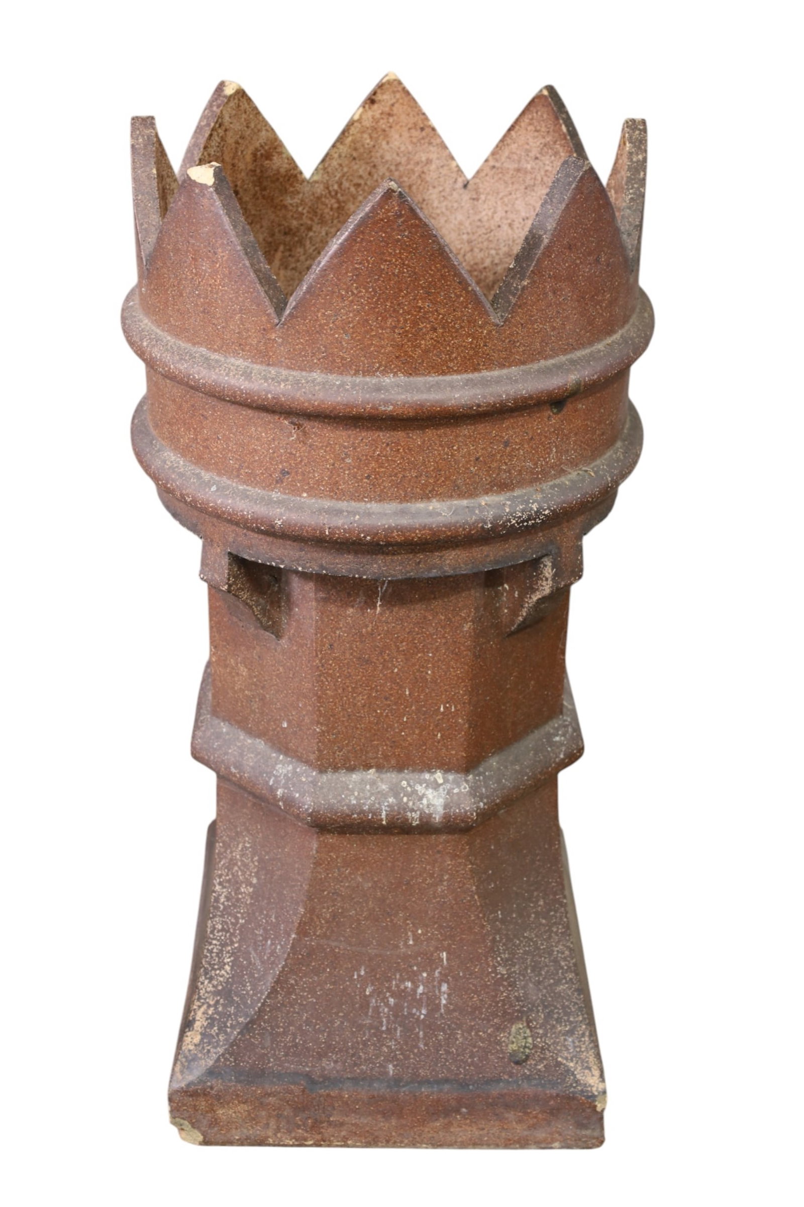 LARGE CHIMNEY TOPPER: SALT GLAZED CROWN TOP CHIMNEY TOPPER, 29 1/2" H. THIS ITEM EXCEEDS SIZE AND WEIGHT LIMITATIONS FOR IN HOUSE SHIPPING, MUST BE PICKED UP IN HOUSE OR SHIPPED VIA 3rd PARTY GROUND SHIPPER.